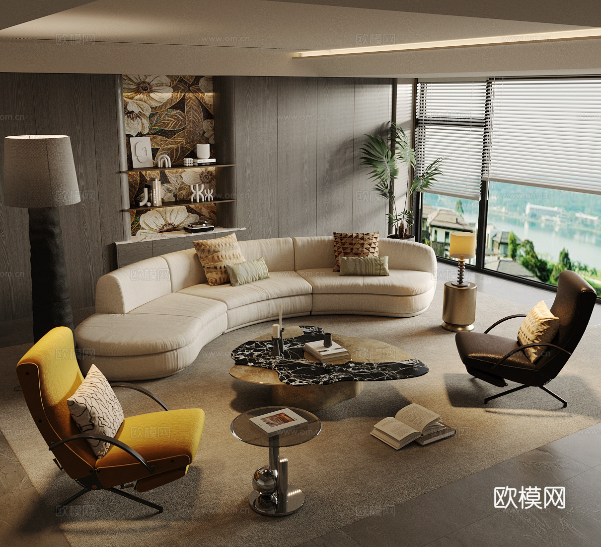 现代意式家居客厅 轻奢意式客厅 沙发茶几组合 高级灰客厅3d模型