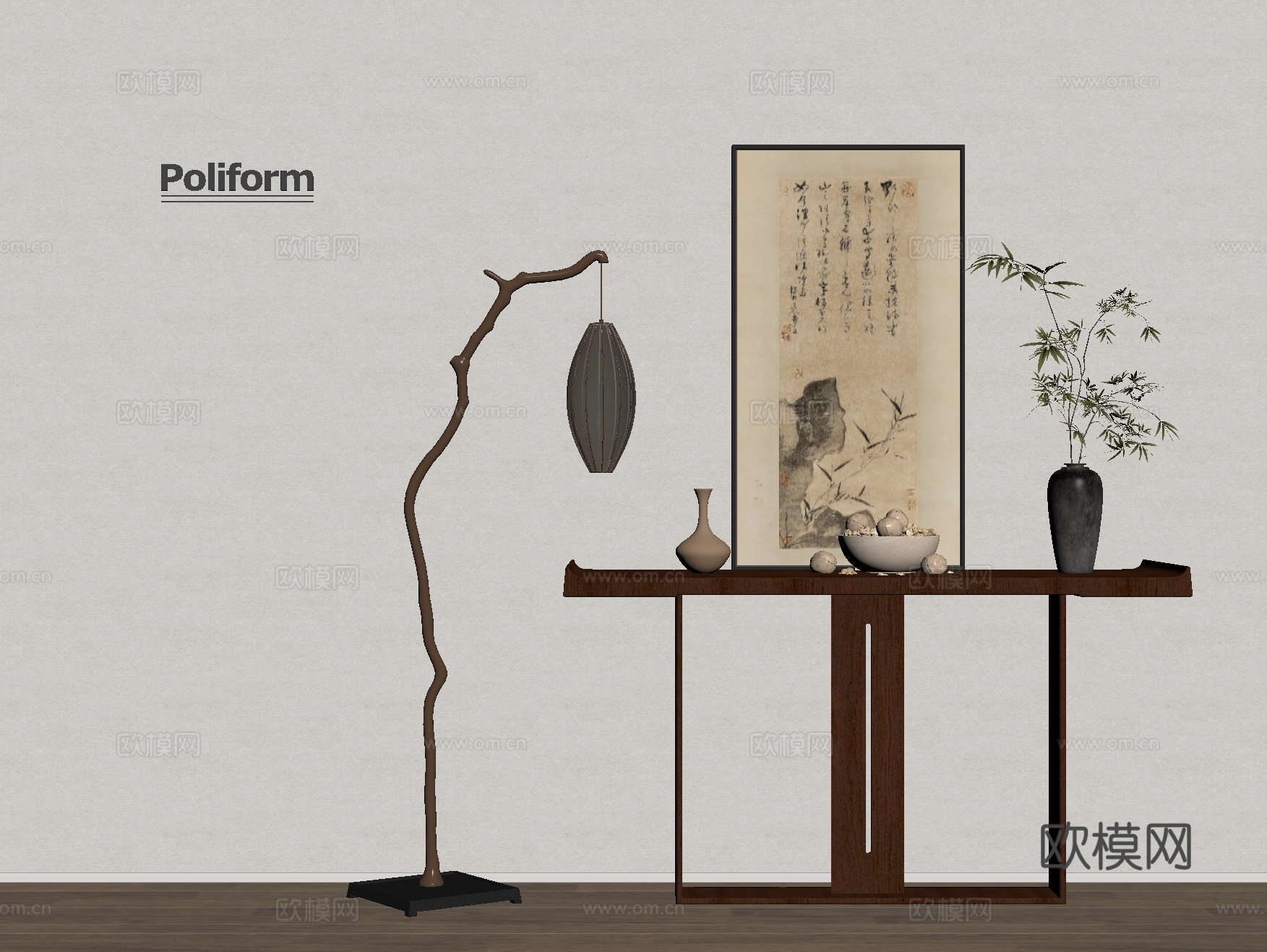 新中式条案 端景柜 装饰画 摆件 落地灯su模型