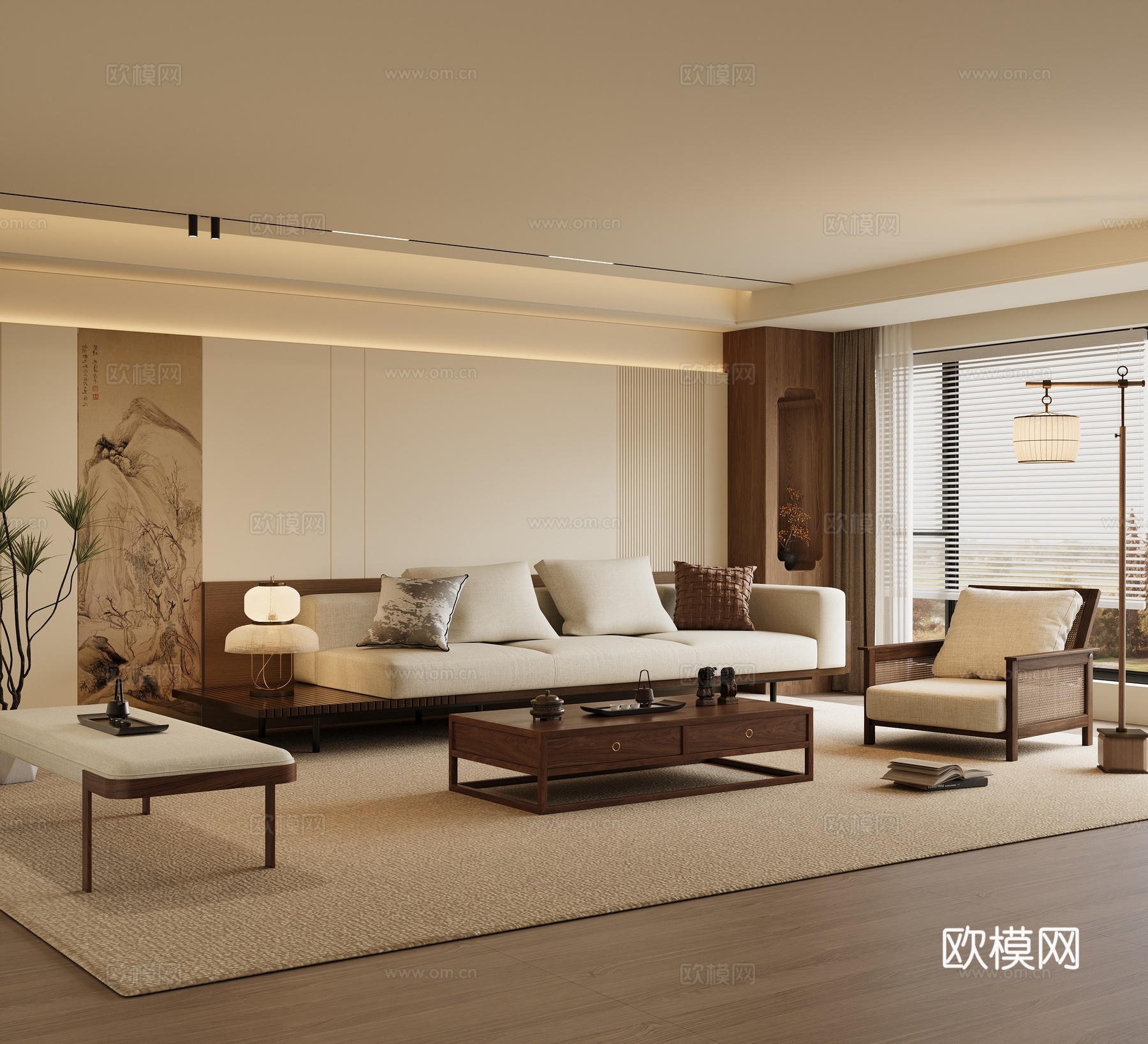 新中式禅意客厅 宋式美学客厅 新中式沙发茶几组合 休闲椅3d模型