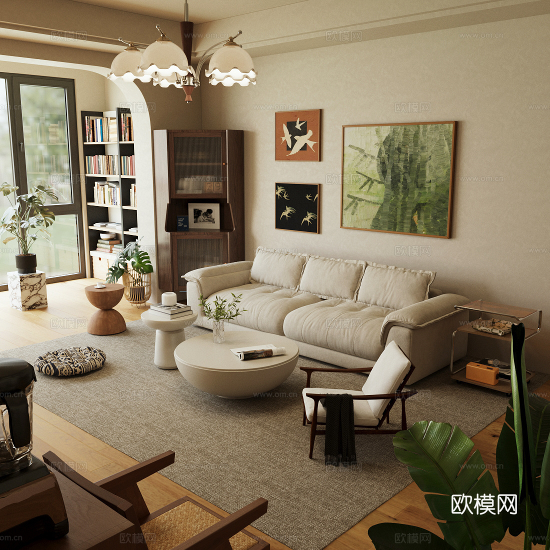 中古风沙发组合 客厅沙发茶几组合 复古风客厅 中古风多人沙发3d模型