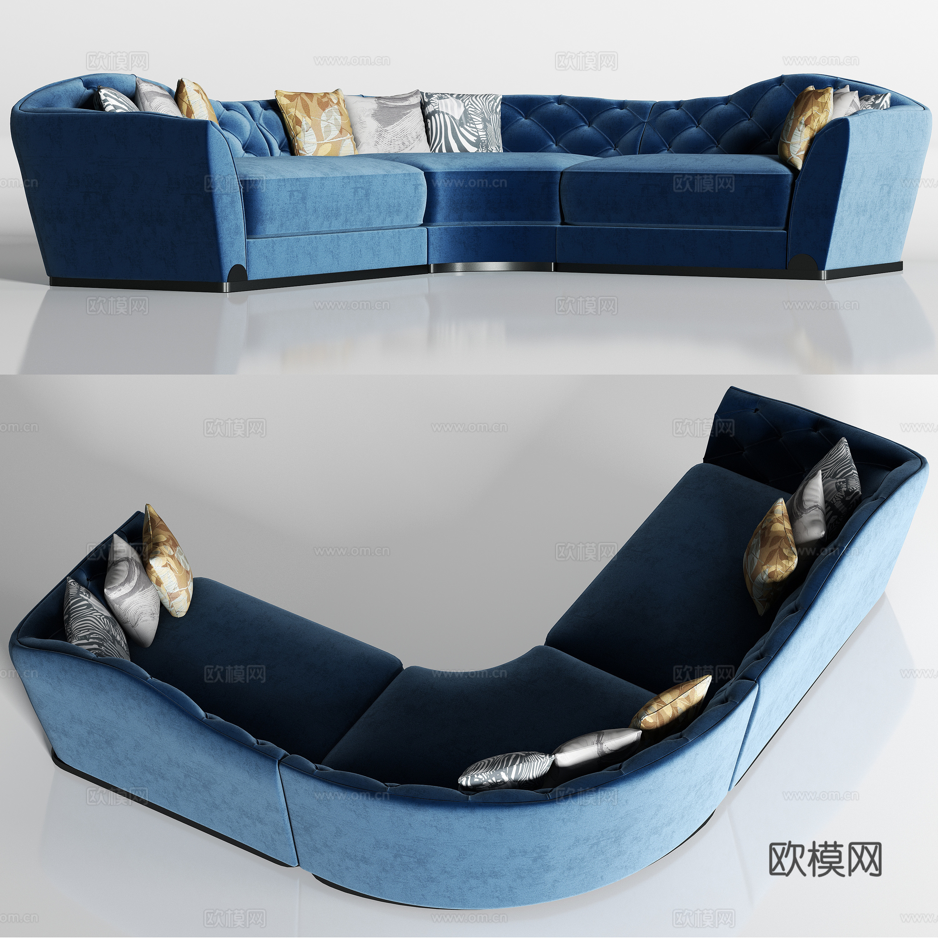 简欧欧式蓝绒弧形多人沙发枕头组合3d模型