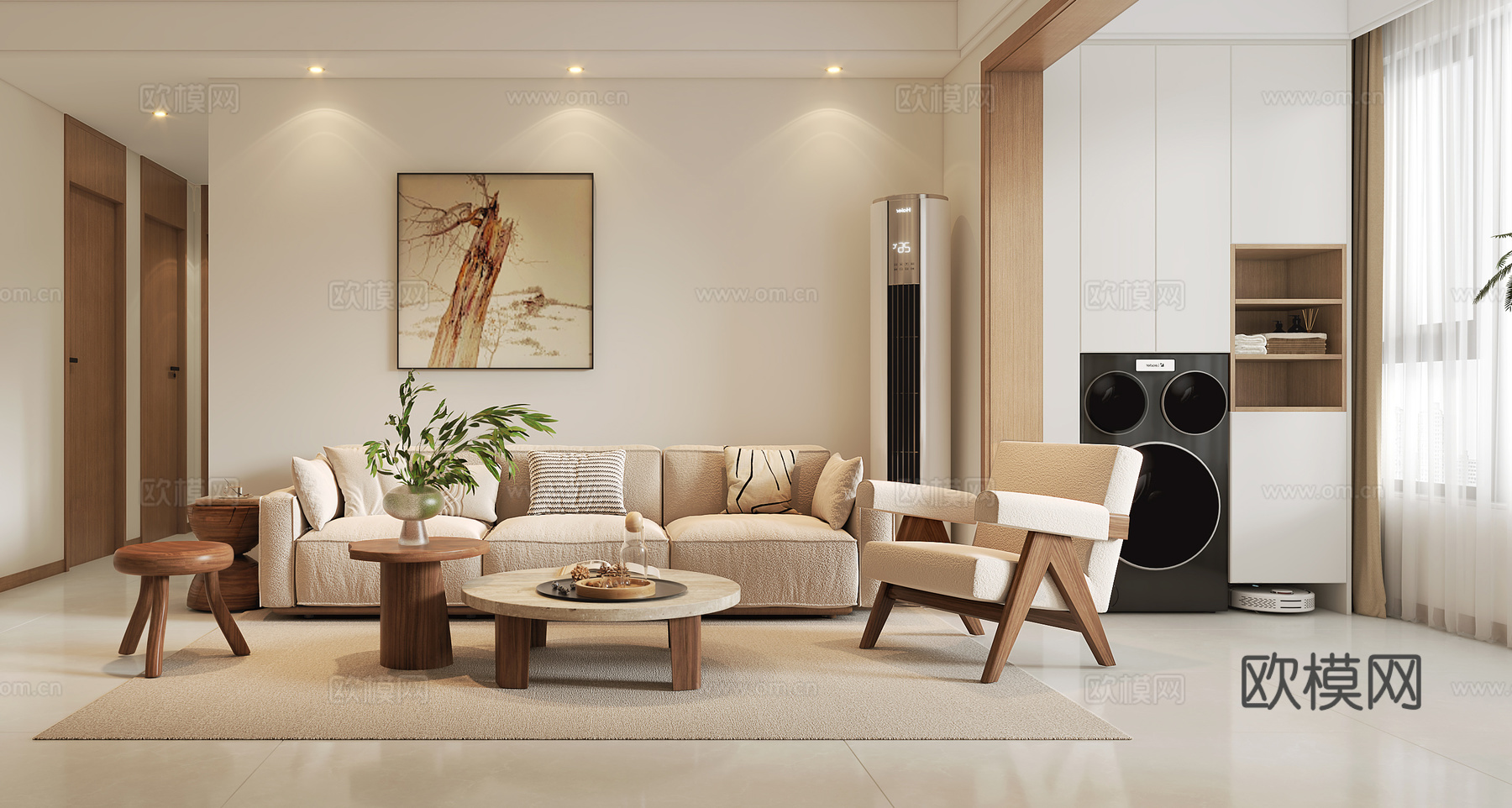 奶油原木客餐厅3d模型下载（渲染图2）