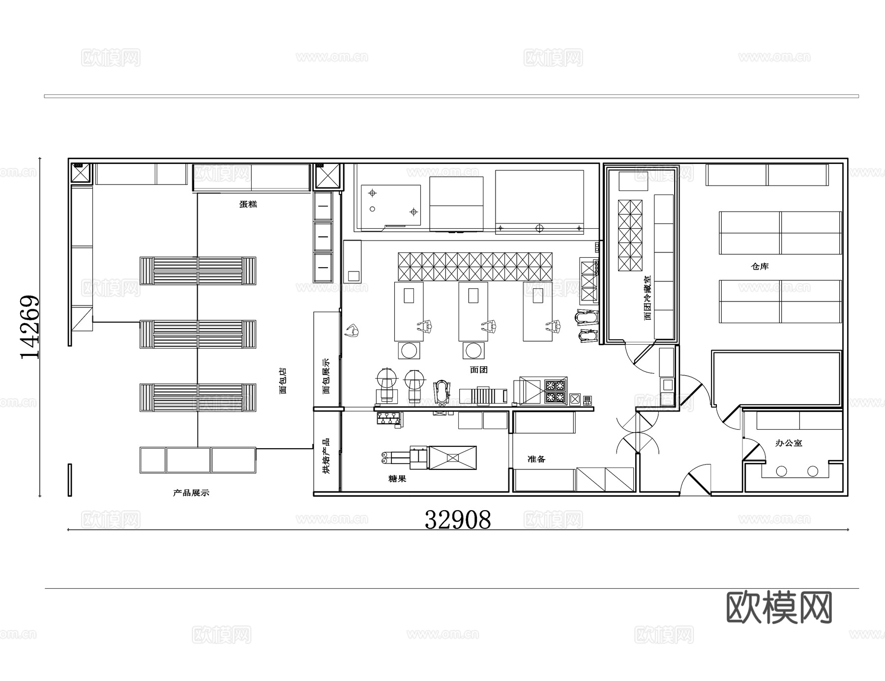 面包糕点店平面 面包店布局图 糕点店设计图 面包房平面规划cad施工图