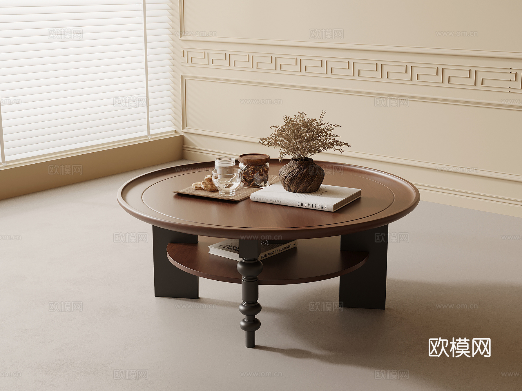 中古风茶几 实木茶几 圆形茶几3d模型
