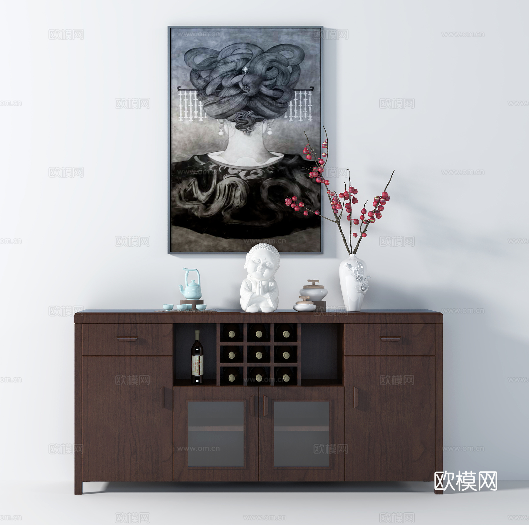 新中式边柜挂画摆件3d模型