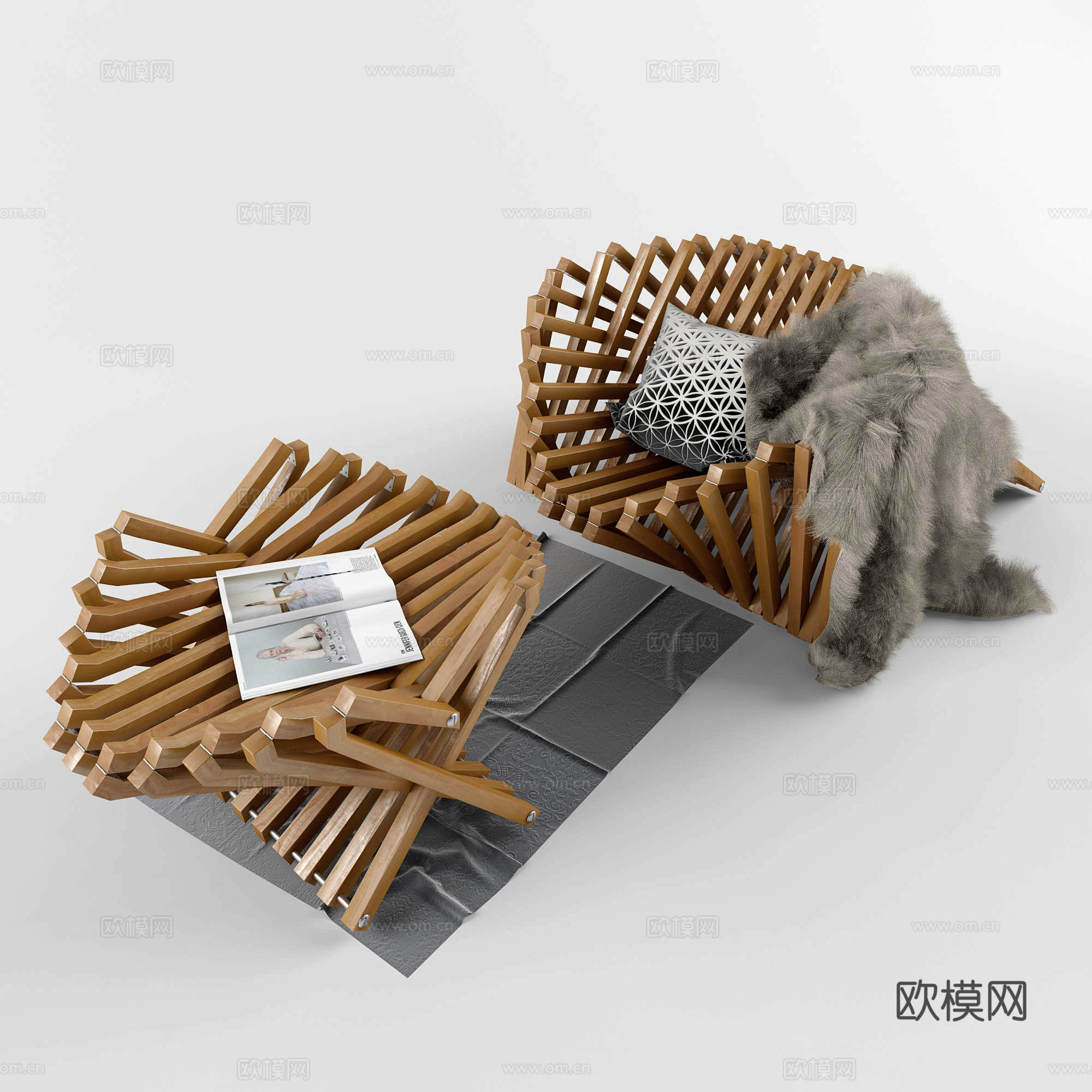后现代异形实木单人沙发组合3d模型