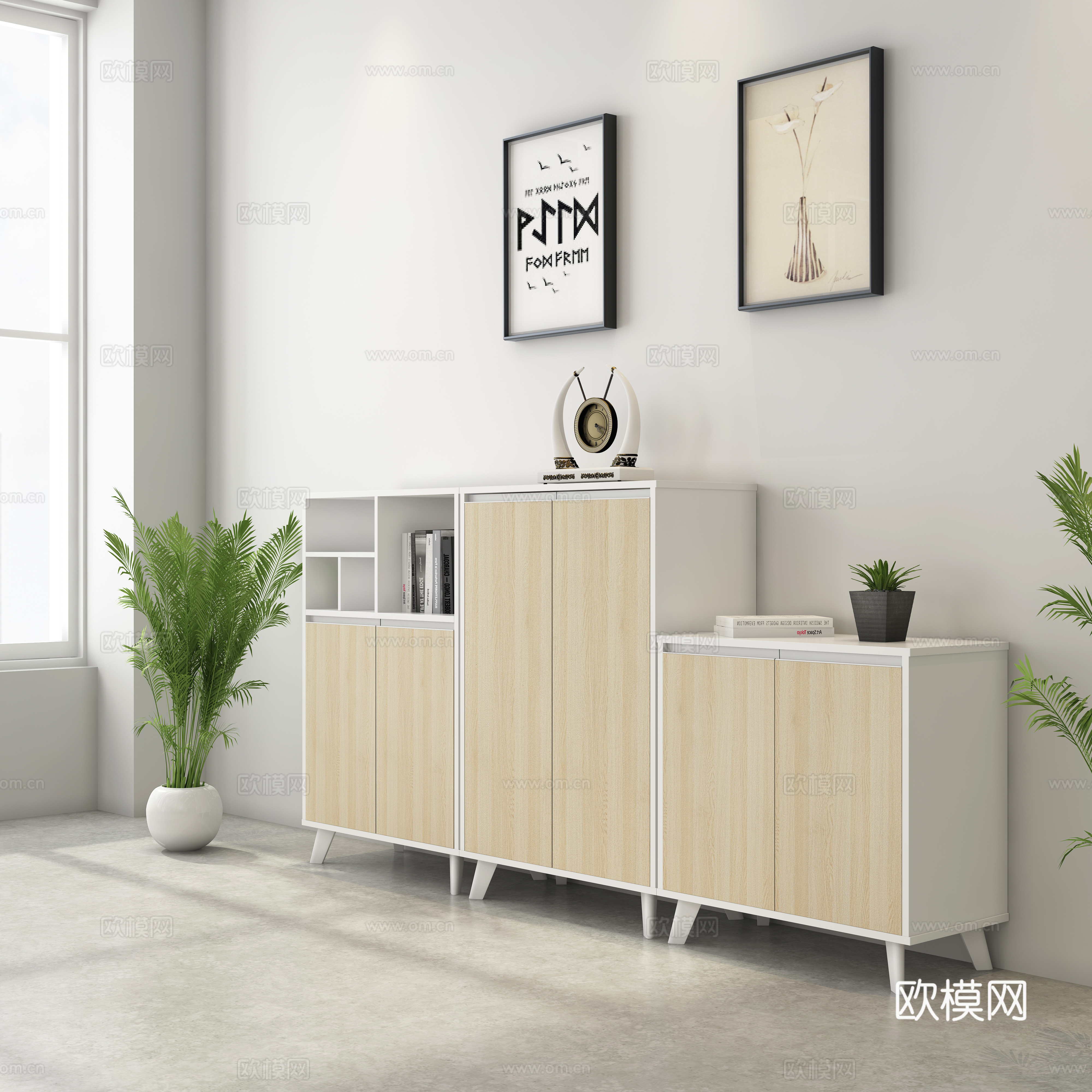 现代办公室 职员室 浅色木纹职员文件柜3d模型