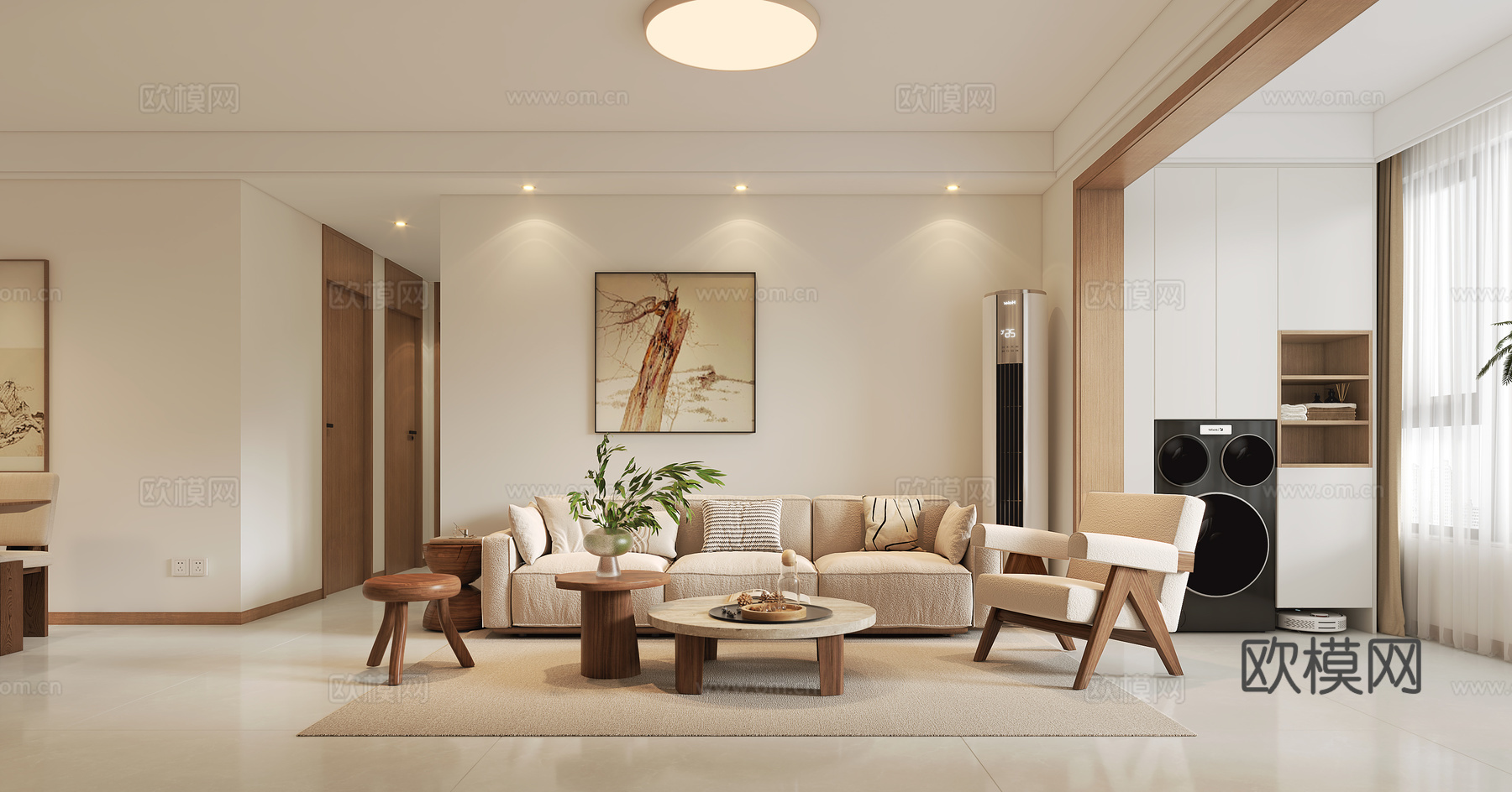 奶油原木客餐厅3d模型下载（渲染图1）