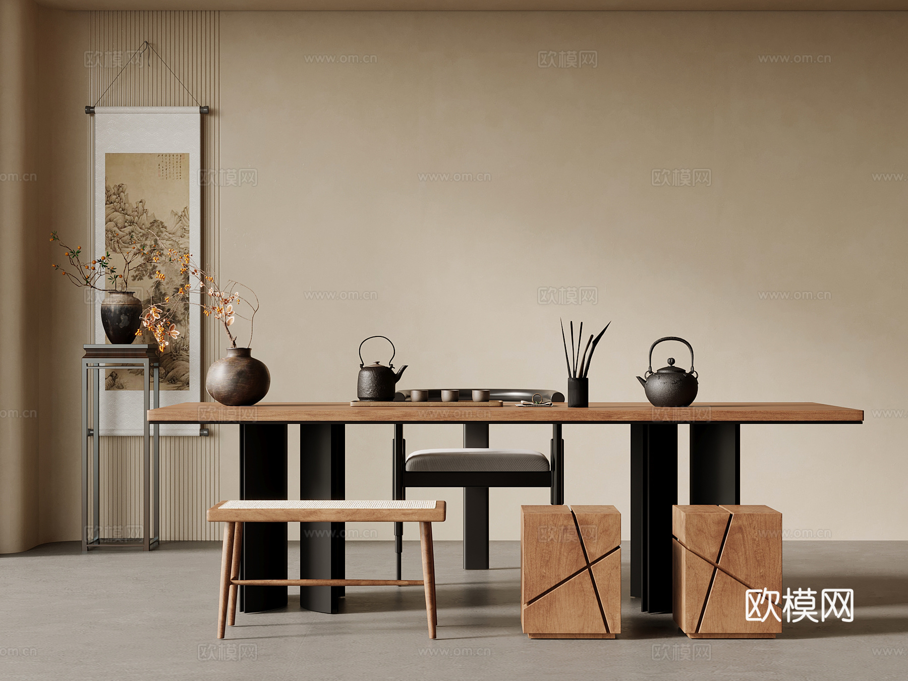 新中式茶桌椅 茶台 茶具3d模型