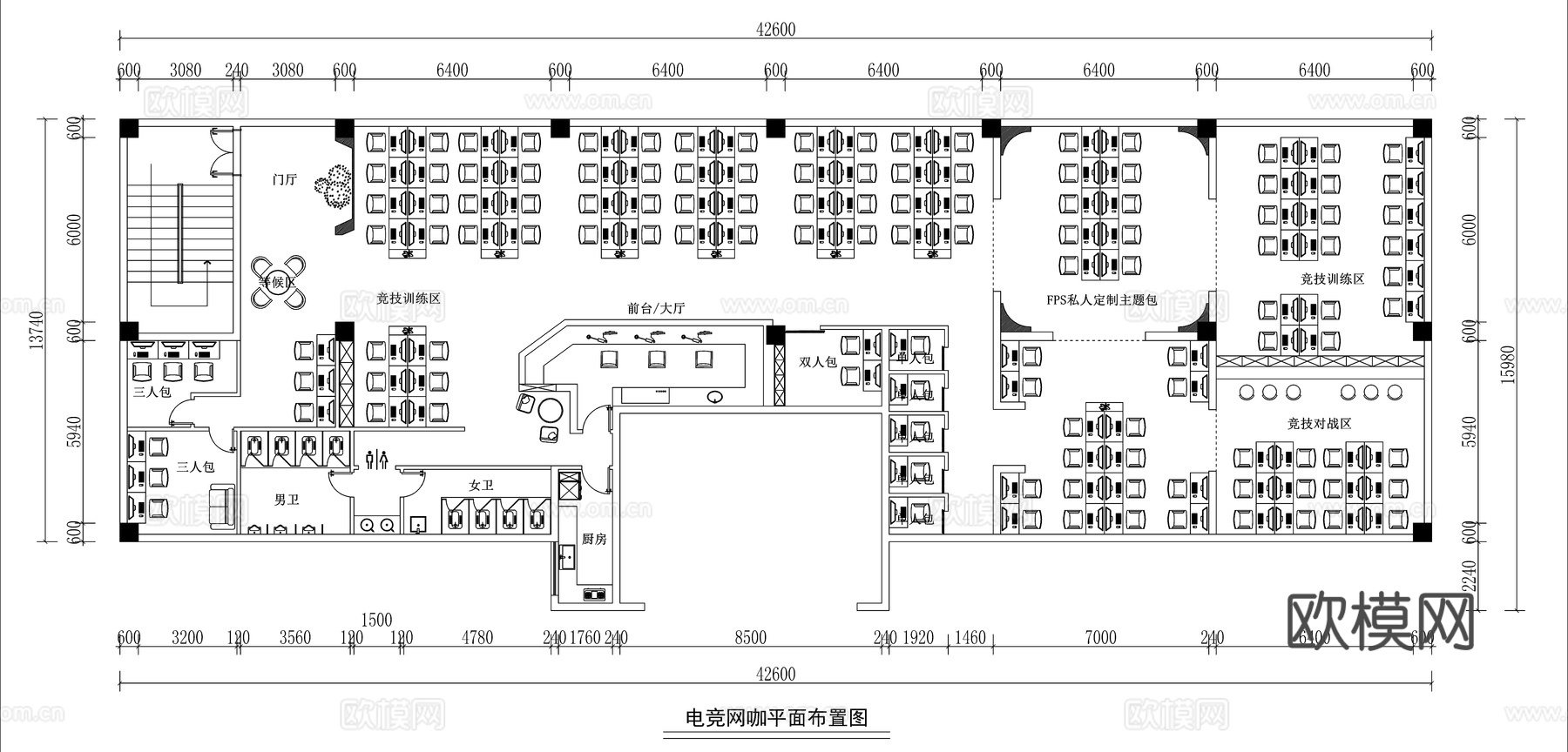 现代意式极简网咖 网吧平面方案图cad施工图
