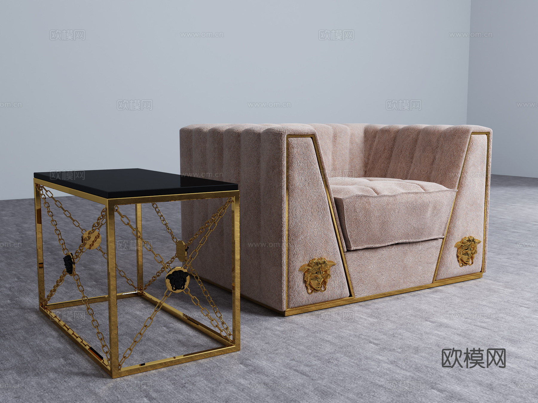 现代意大利 范思哲Versace 现代单人沙发边几3d模型