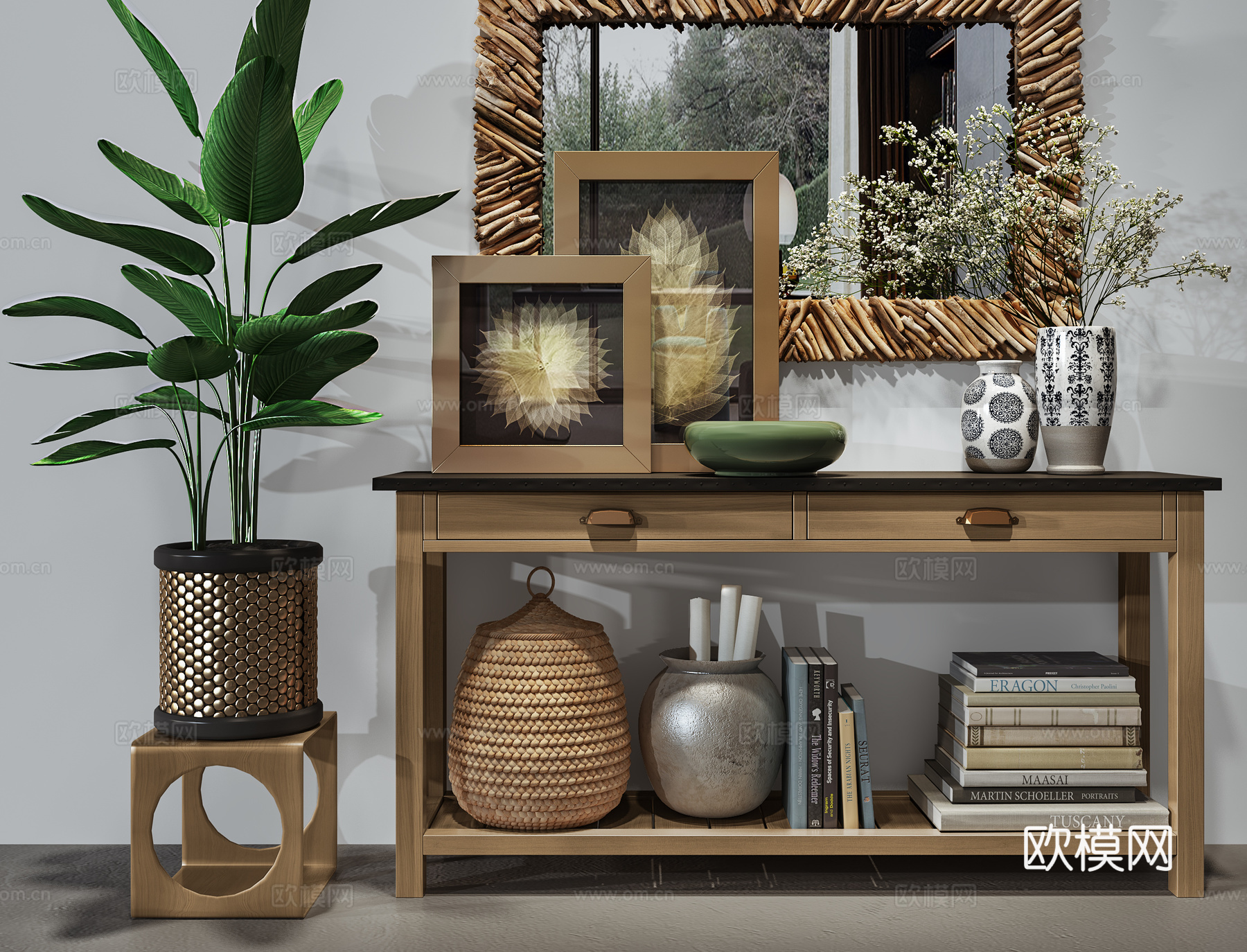 现代装饰柜 装饰品 挂镜 植物3d模型