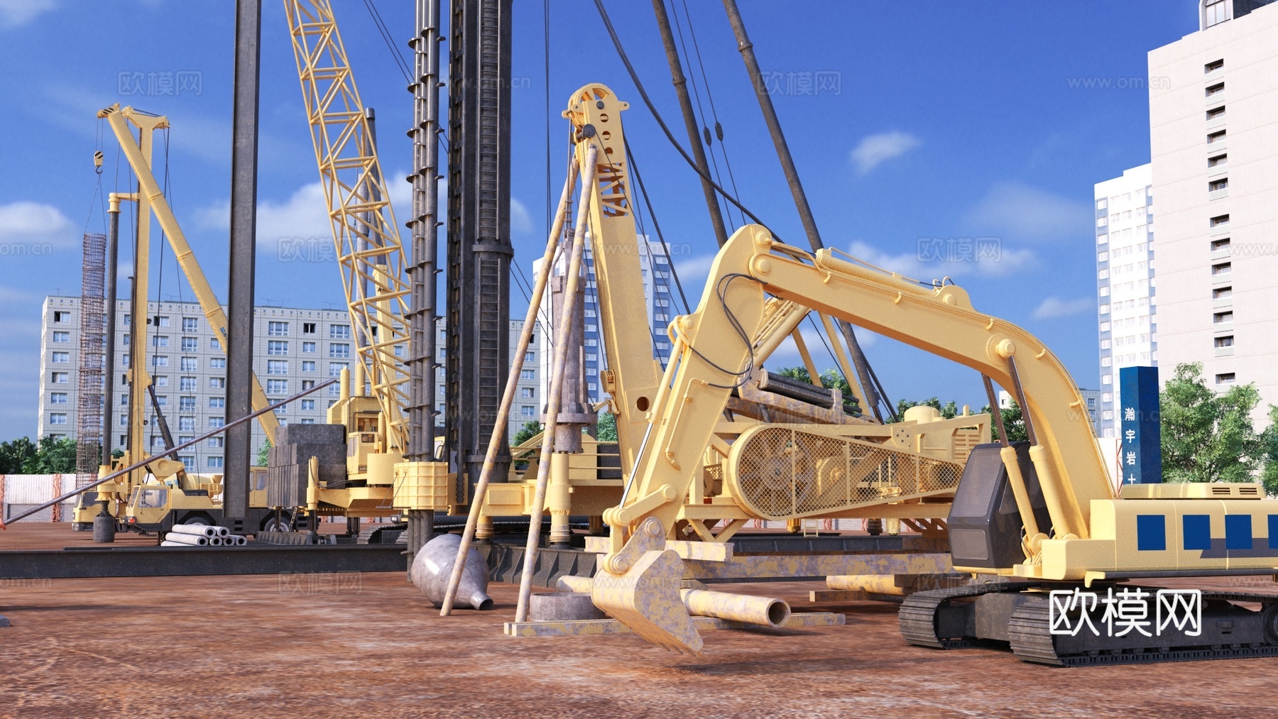 中式工地 水泥车 旋挖机 吊车 冲击钻机 桩机 挖掘机3d模型下载（渲染图2）