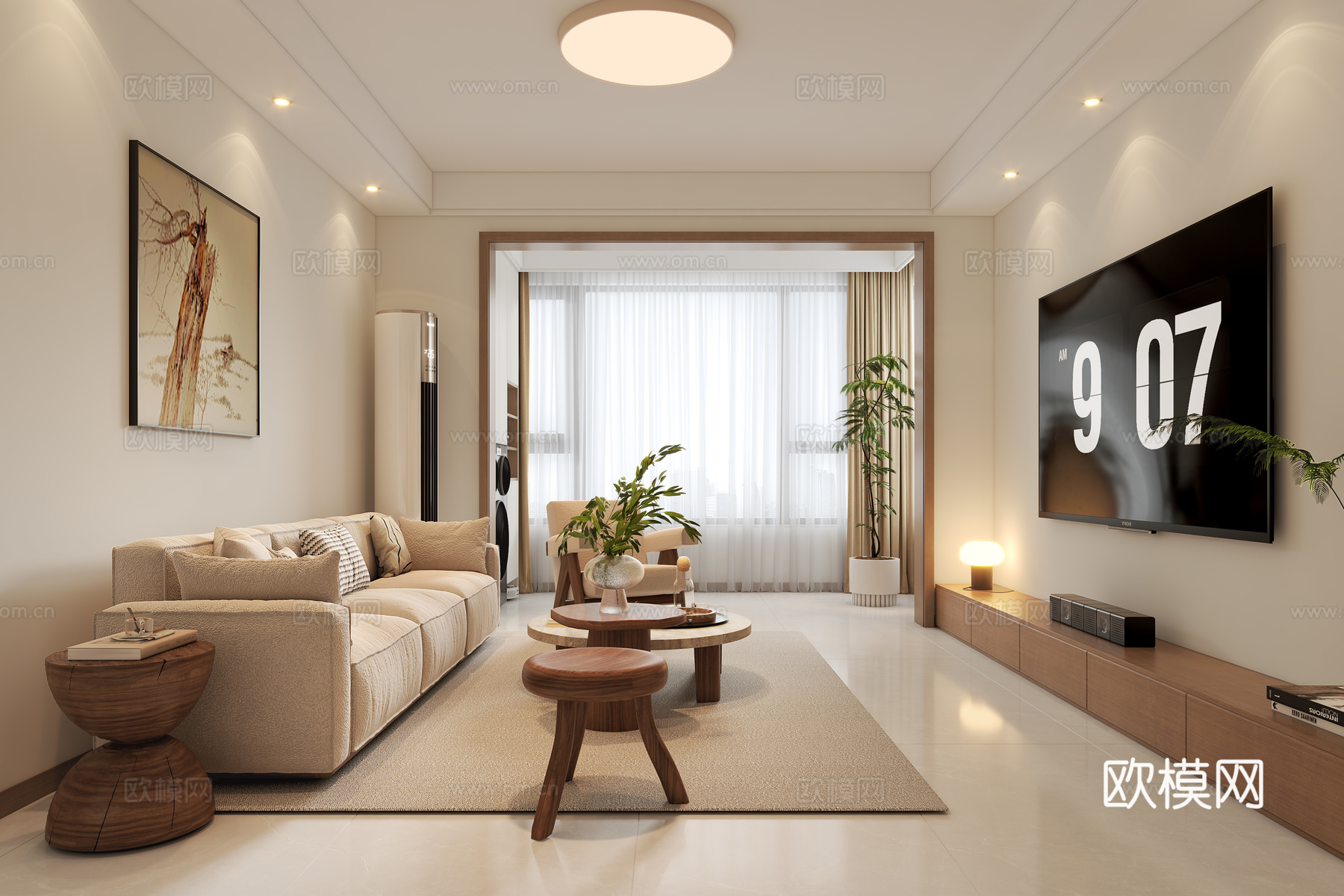 奶油原木客餐厅3d模型下载（渲染图3）