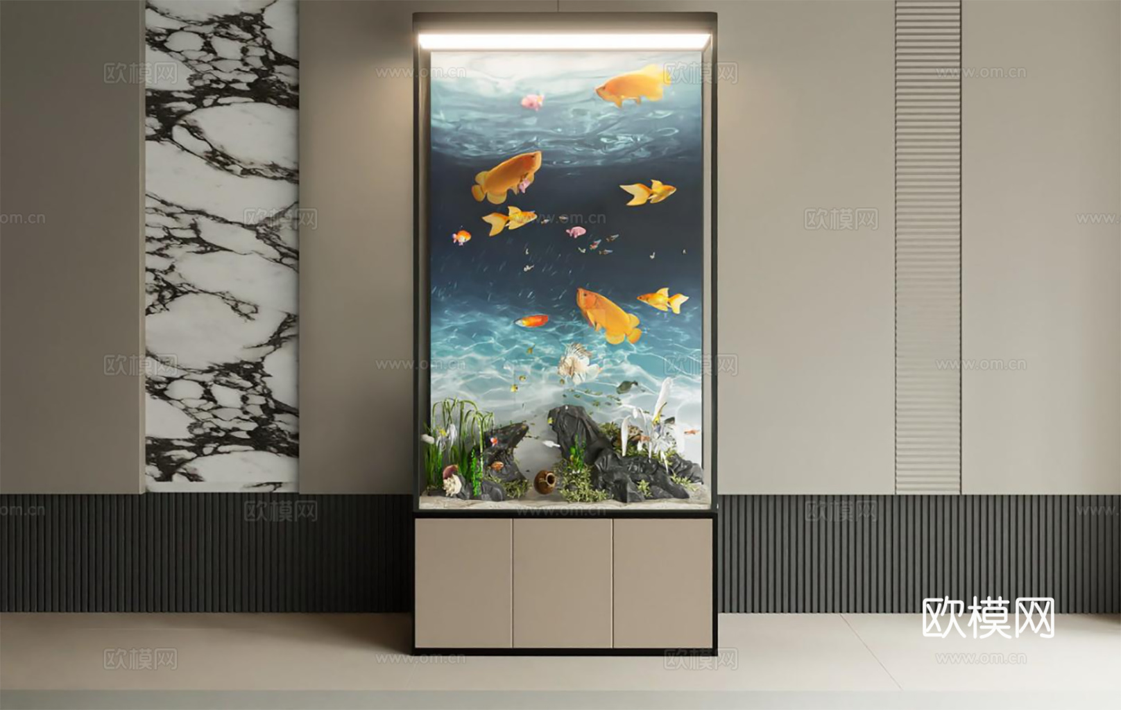 现代立式多功能水族箱 鱼缸 动态鱼群 绿植礁石造景su模型