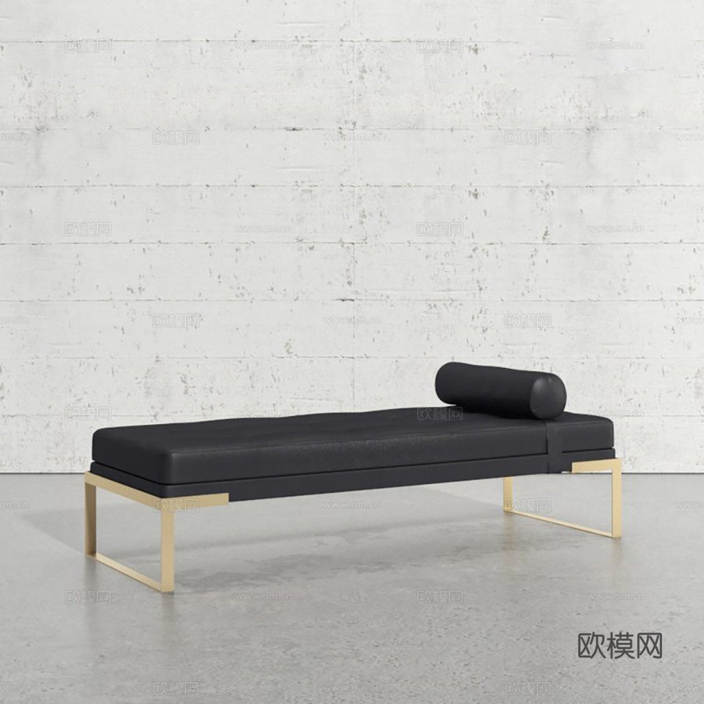 现代黑色皮革贵妃榻​​ 极简金属框架 黑金配色su模型