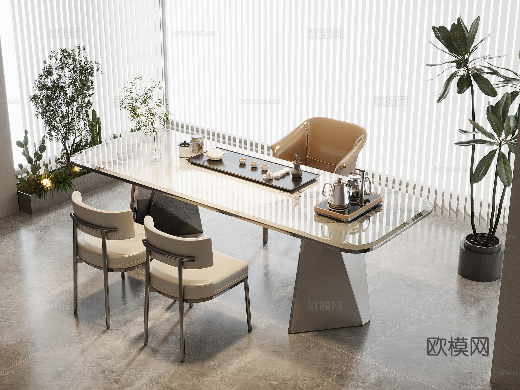现代茶桌椅 茶台 茶具su模型