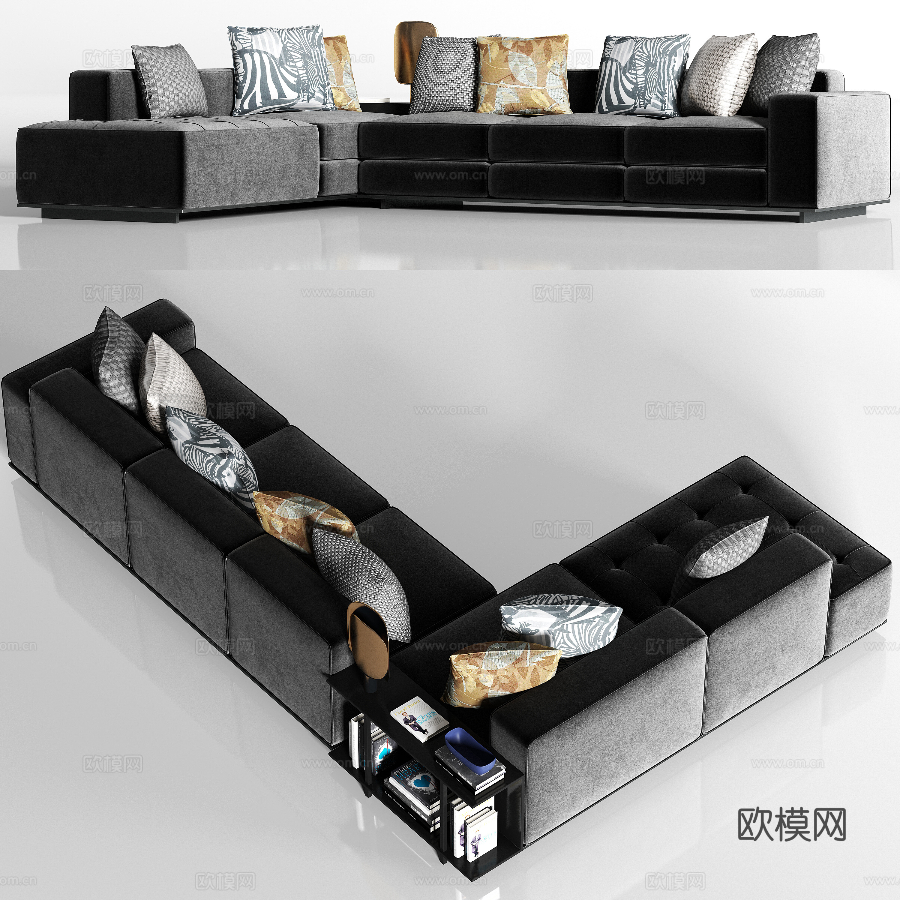 现代灰绒转角多人沙发 枕头 角几 饰品3d模型