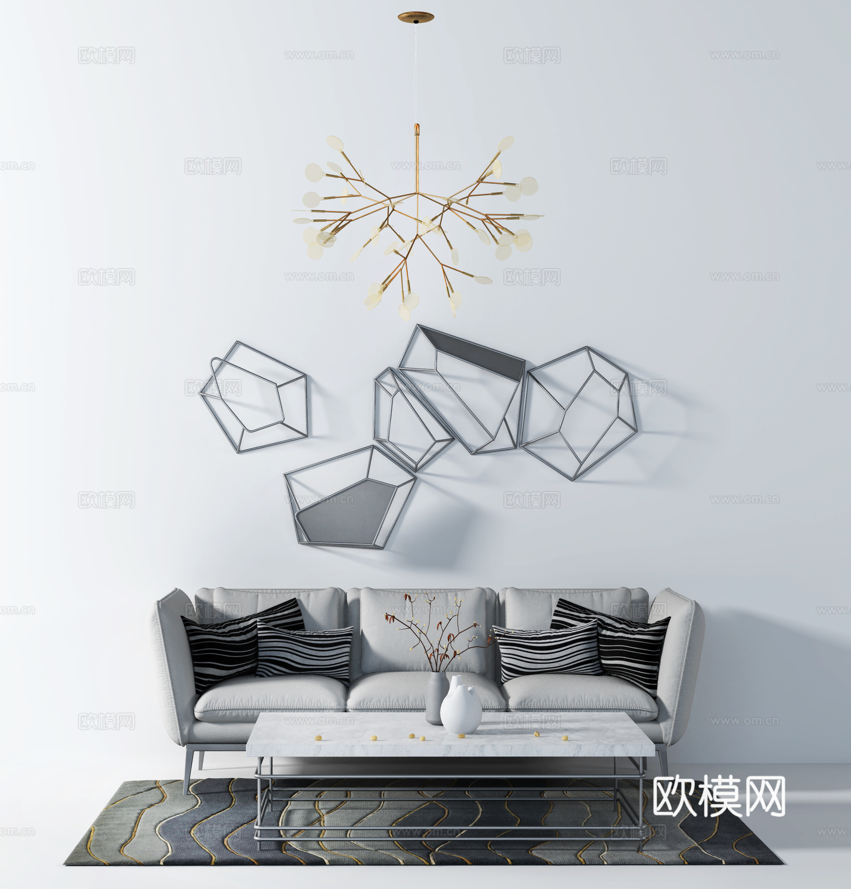 现代布艺沙发茶几墙饰吊灯组合3d模型