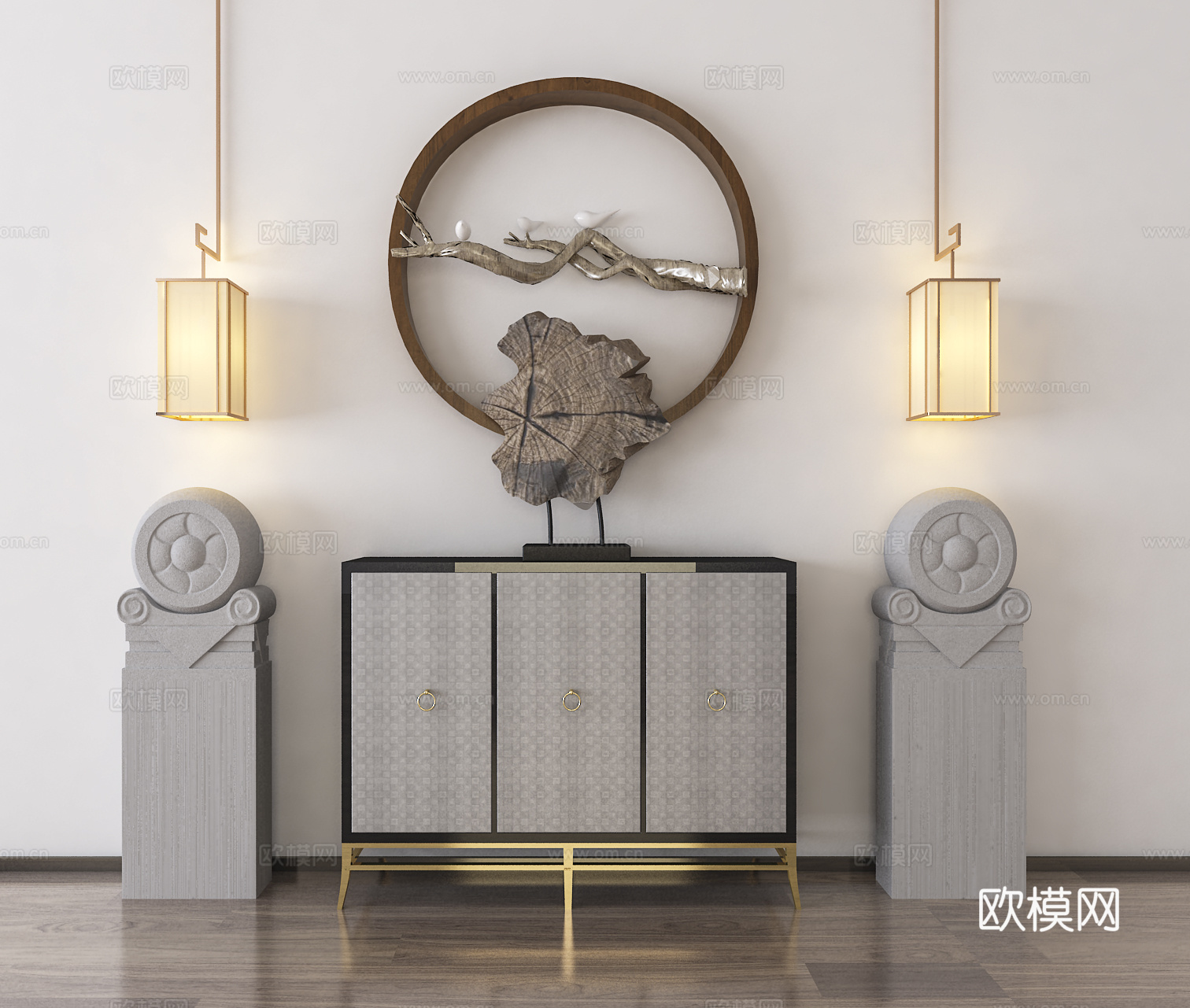 新中式边柜吊灯组合3d模型