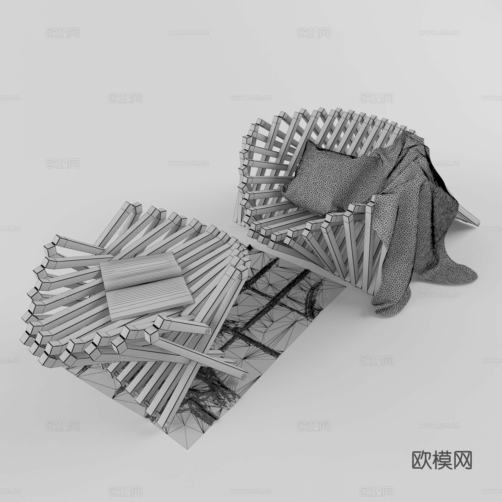 后现代异形实木单人沙发组合3d模型
