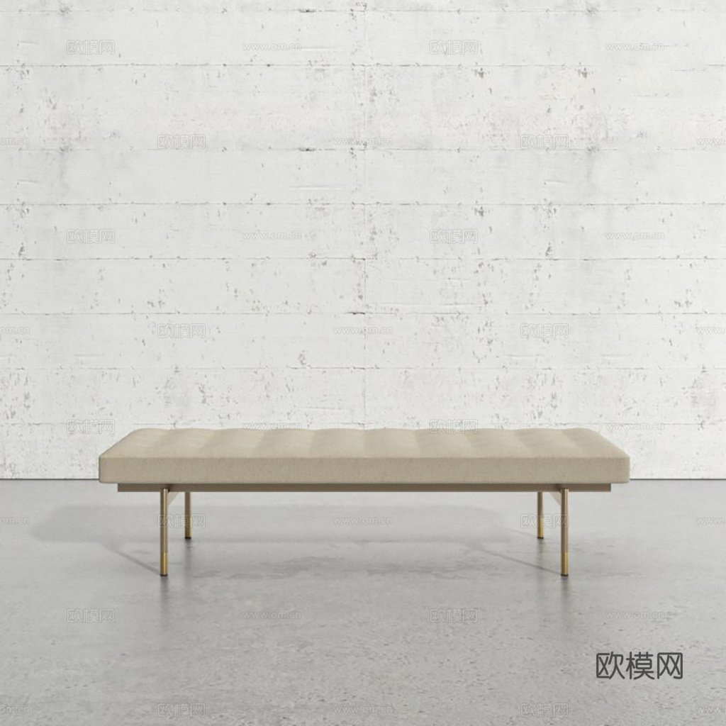 现代简约长条沙发凳 米白压线皮革凳面 金色金属凳脚su模型