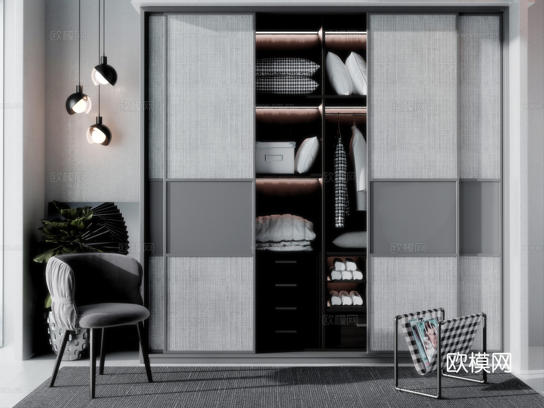 现代 衣柜 单椅 吊灯 盆栽 小书架 组合3d模型下载（渲染图1）