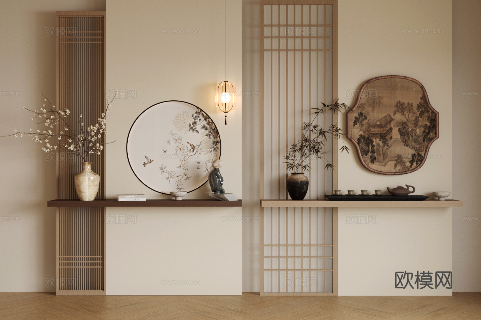 新中式条案 新中式玄关 玄关条案 实木条案 端景柜 玄关摆件3d模型