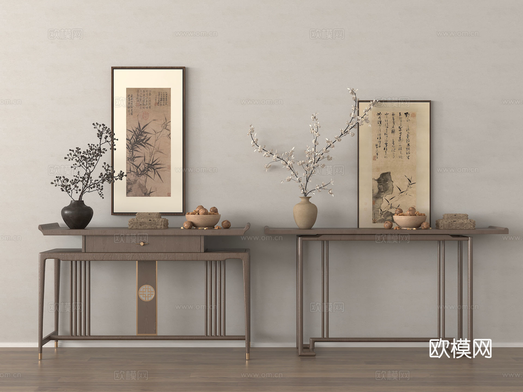 新中式条案 端景柜 装饰画 摆件su模型