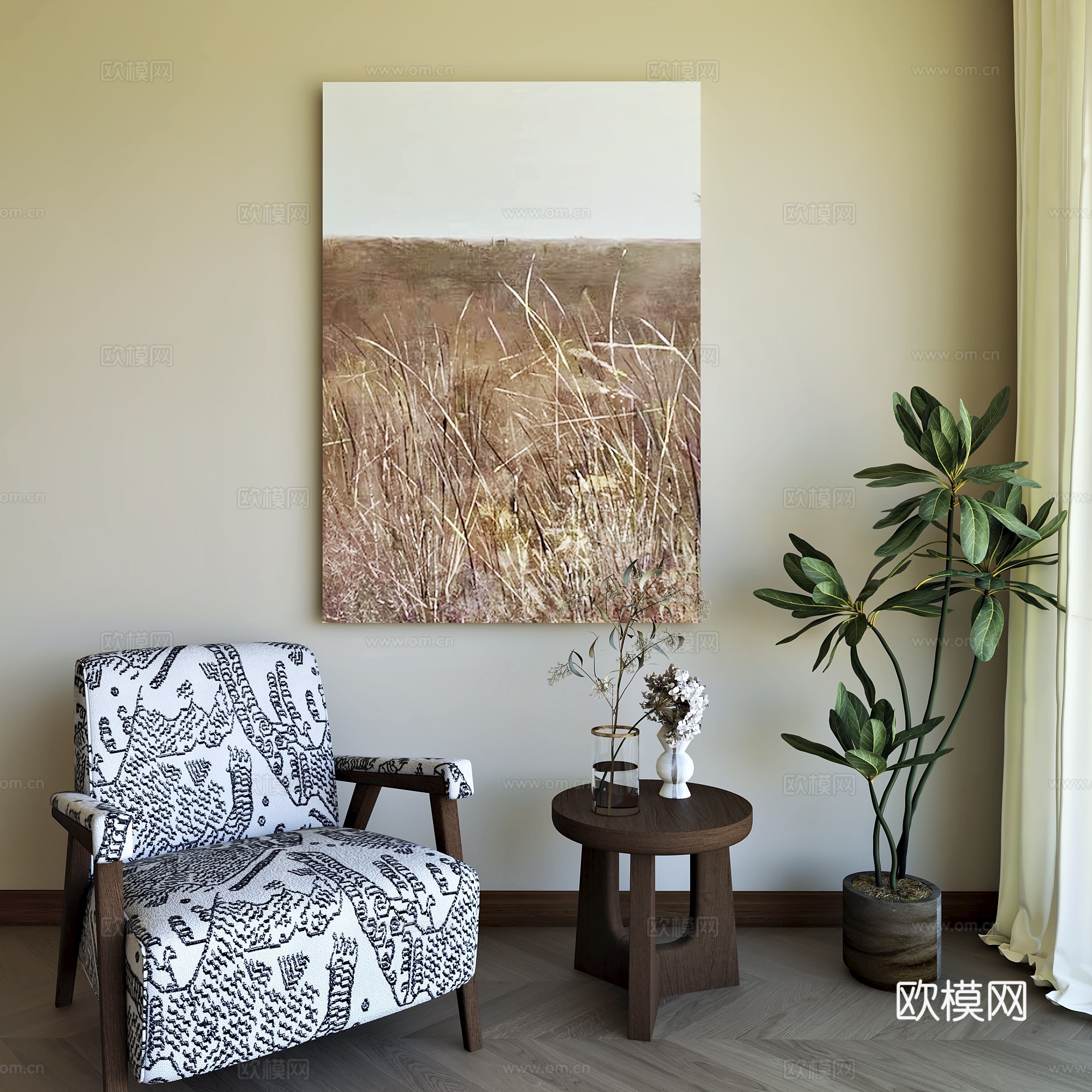 法式中古抽象挂画 法式休闲单椅3d模型下载