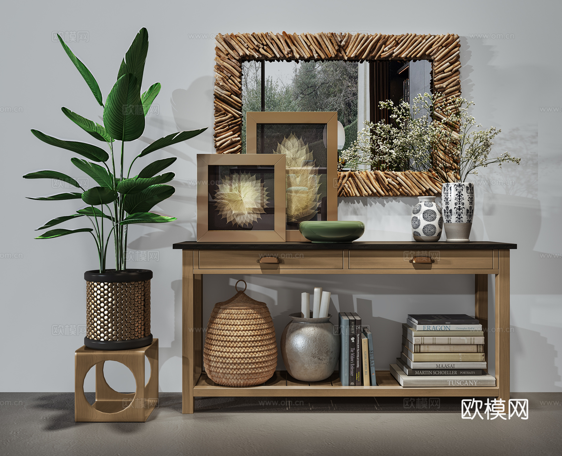现代装饰柜 装饰品 挂镜 植物3d模型