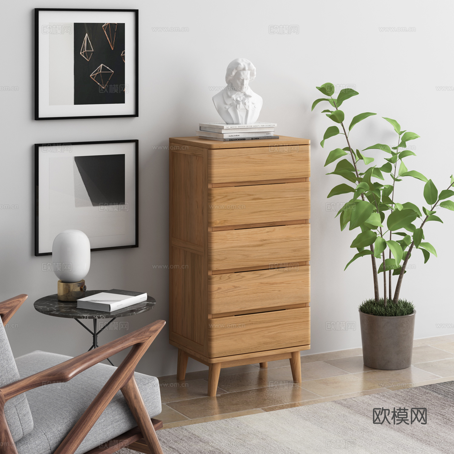 现代原木色装饰柜 原木色高五斗柜3d模型下载