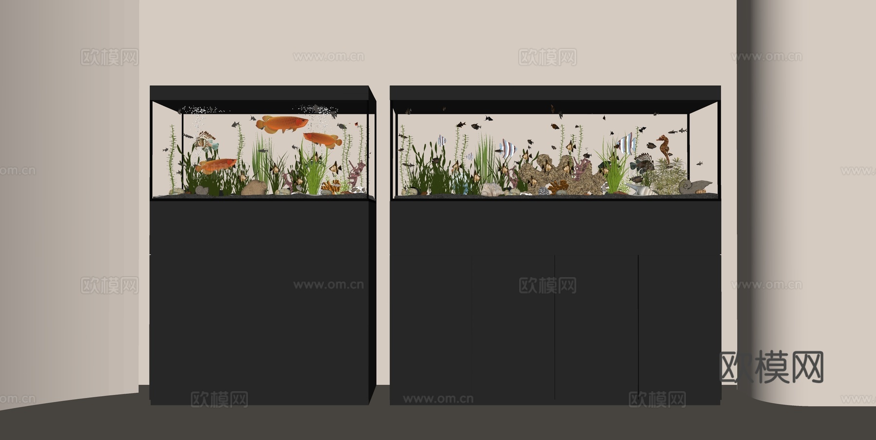 现代室内造景水族箱 鱼缸 生态鱼群 智能灯光 简约柜体su模型