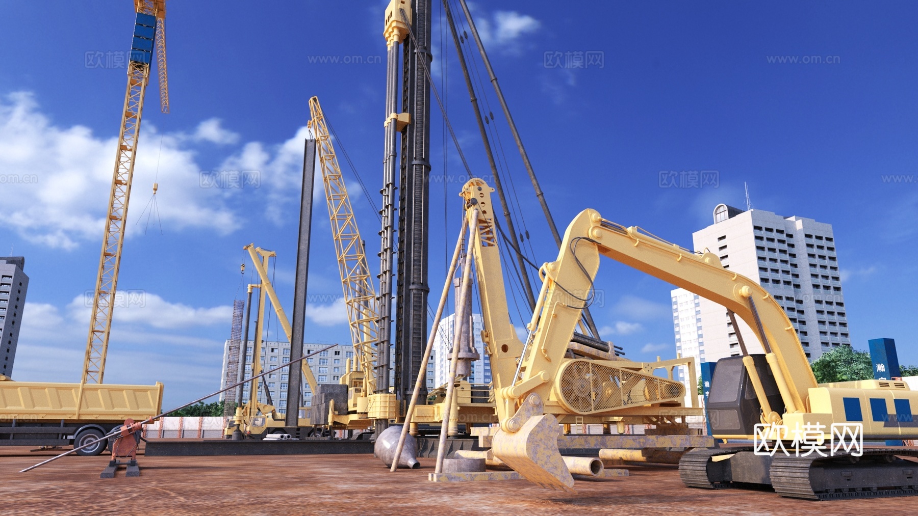 中式工地 水泥车 旋挖机 吊车 冲击钻机 桩机 挖掘机3d模型下载（渲染图1）