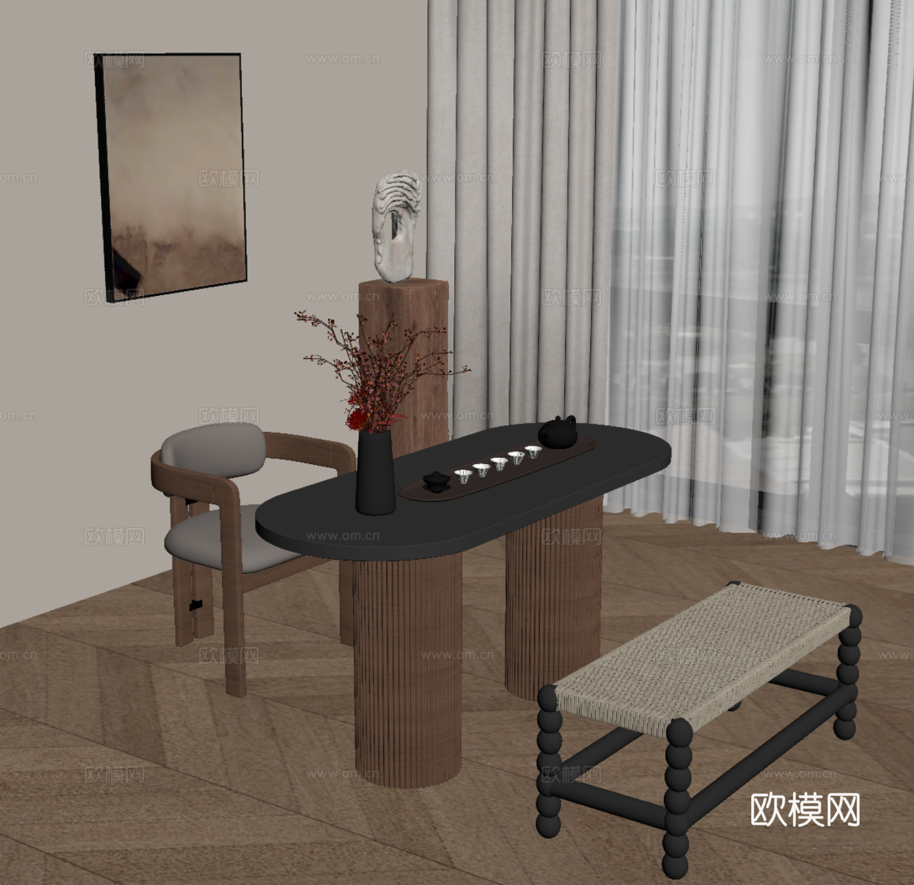 中古风茶桌椅 小茶桌 小茶台su模型