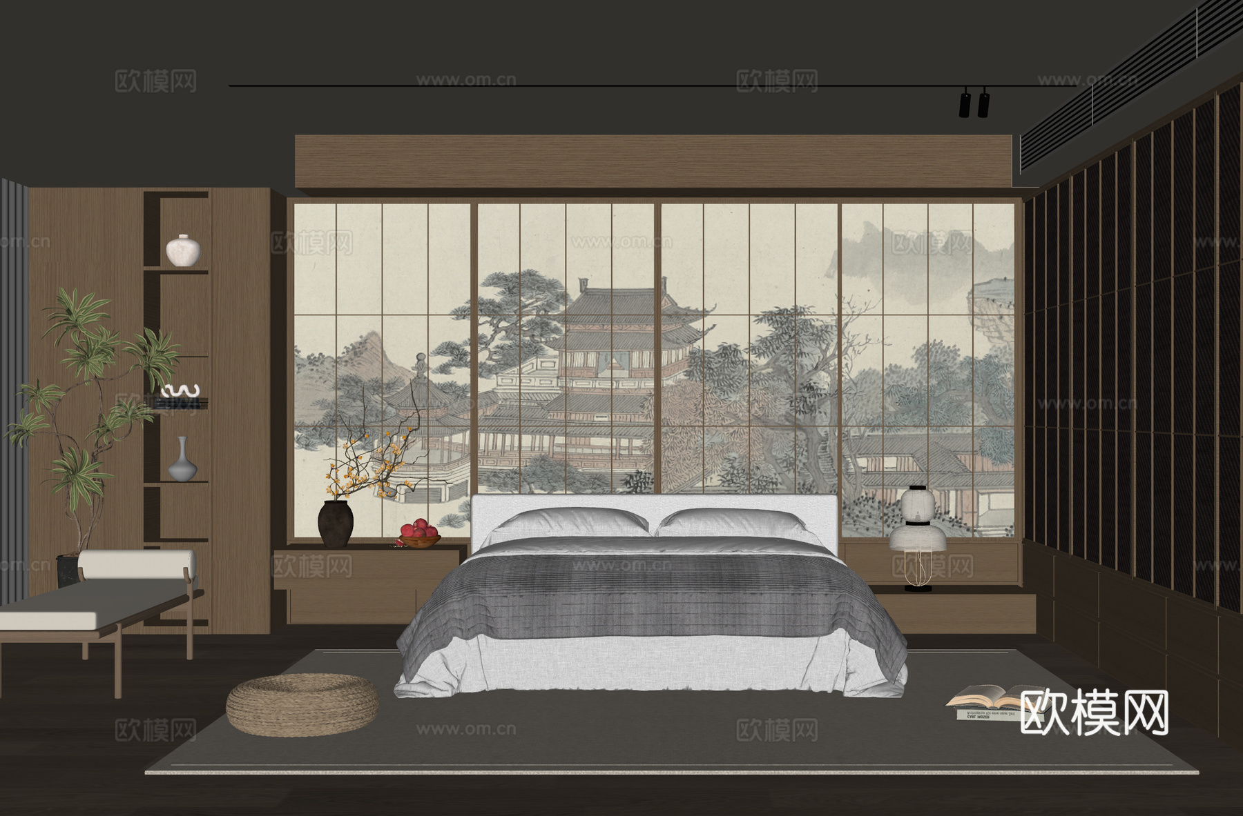 新中式卧室su模型