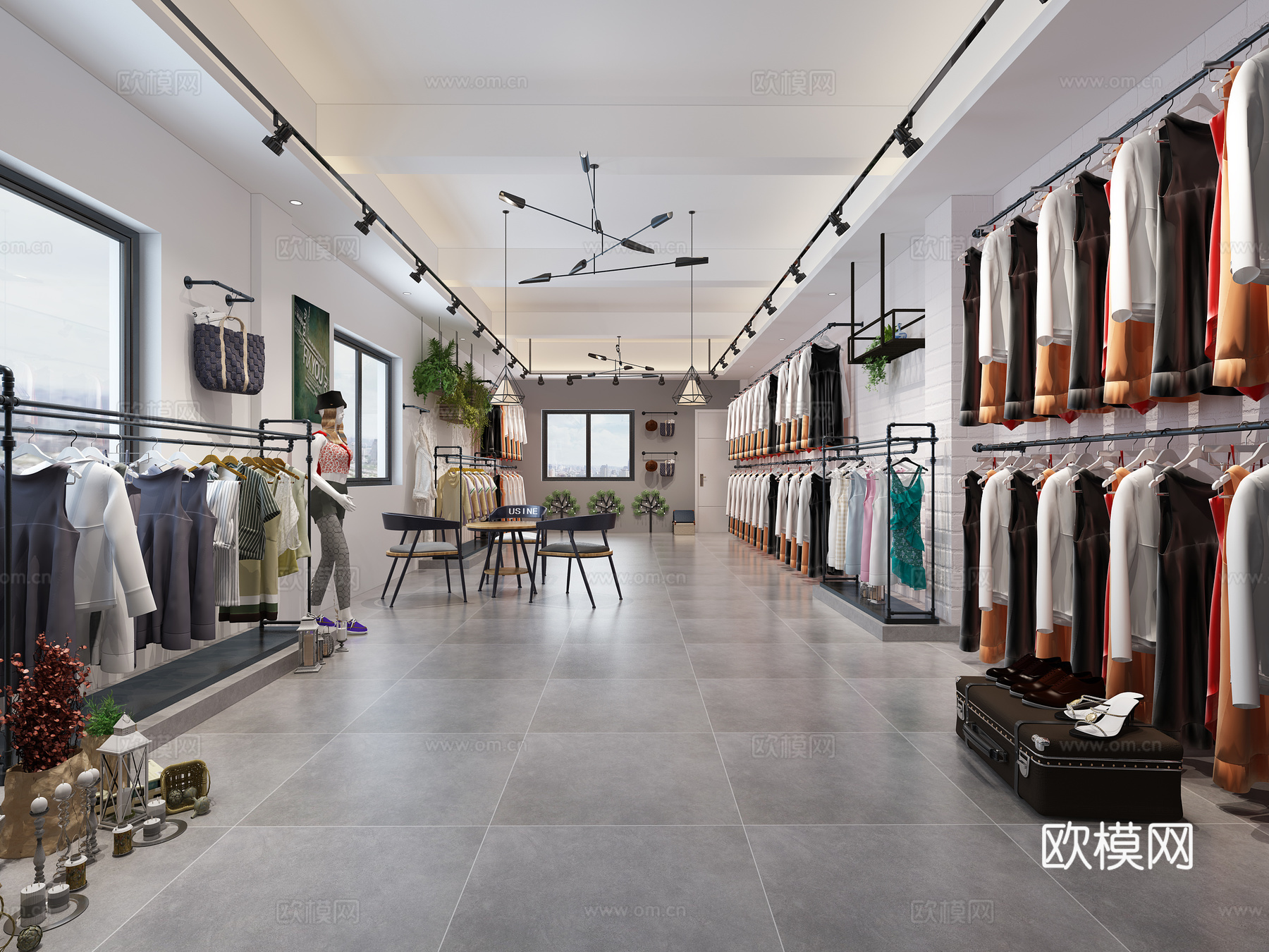 工业风现代工业风服装店展示柜展示架吊灯休闲桌椅地中海装饰钢管3d模型