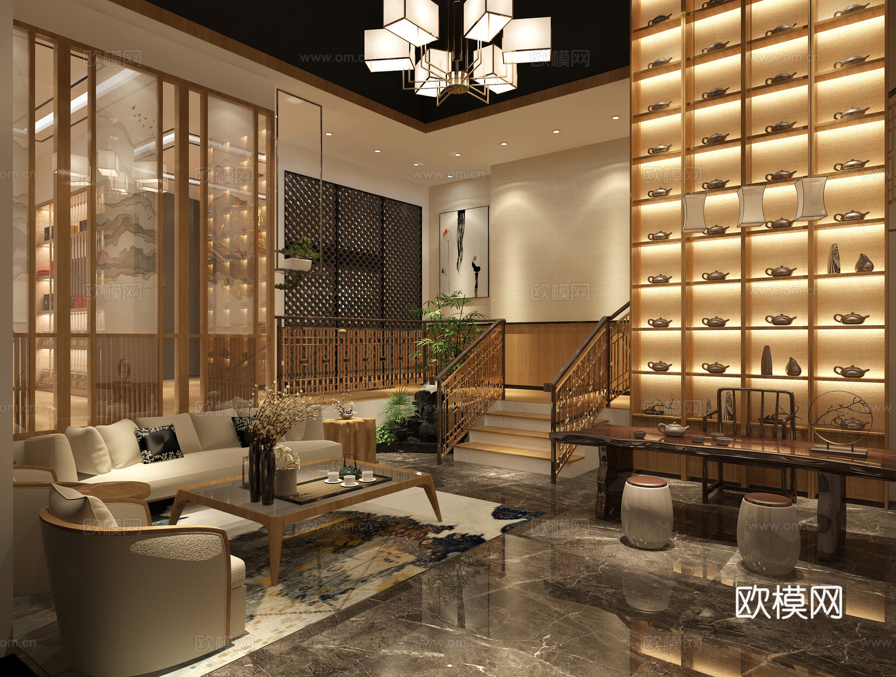 新中式休息厅 沙发 茶台 吊灯3d模型下载