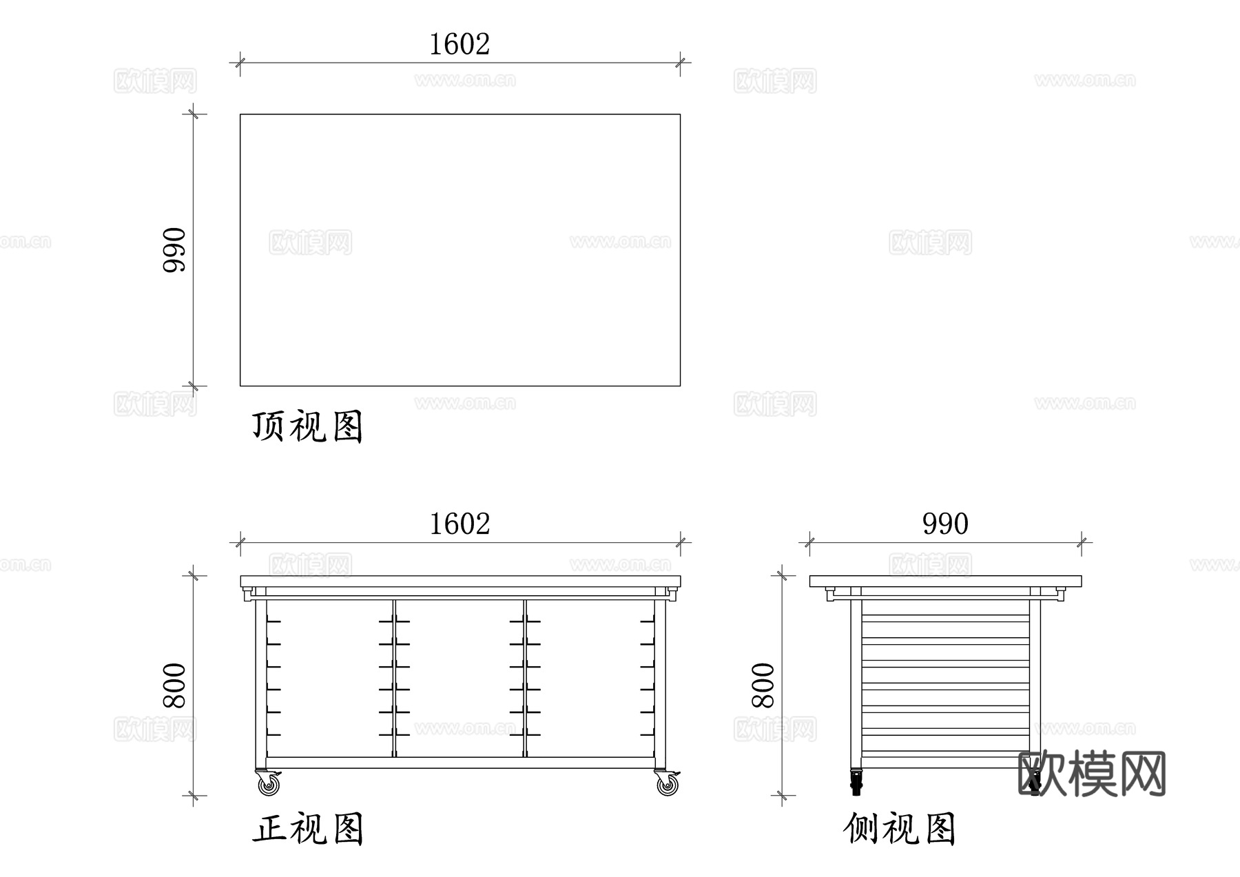 面包房工作台三视图 工作台平面图 工作台立面图 工作台剖面图cad施工图