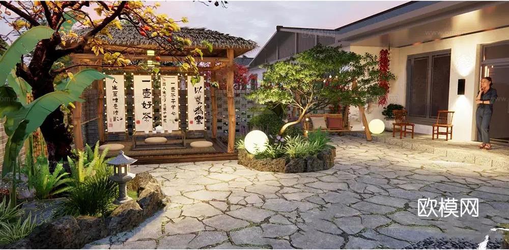 侘寂禅意乡村庭院 田园民宿花园su模型