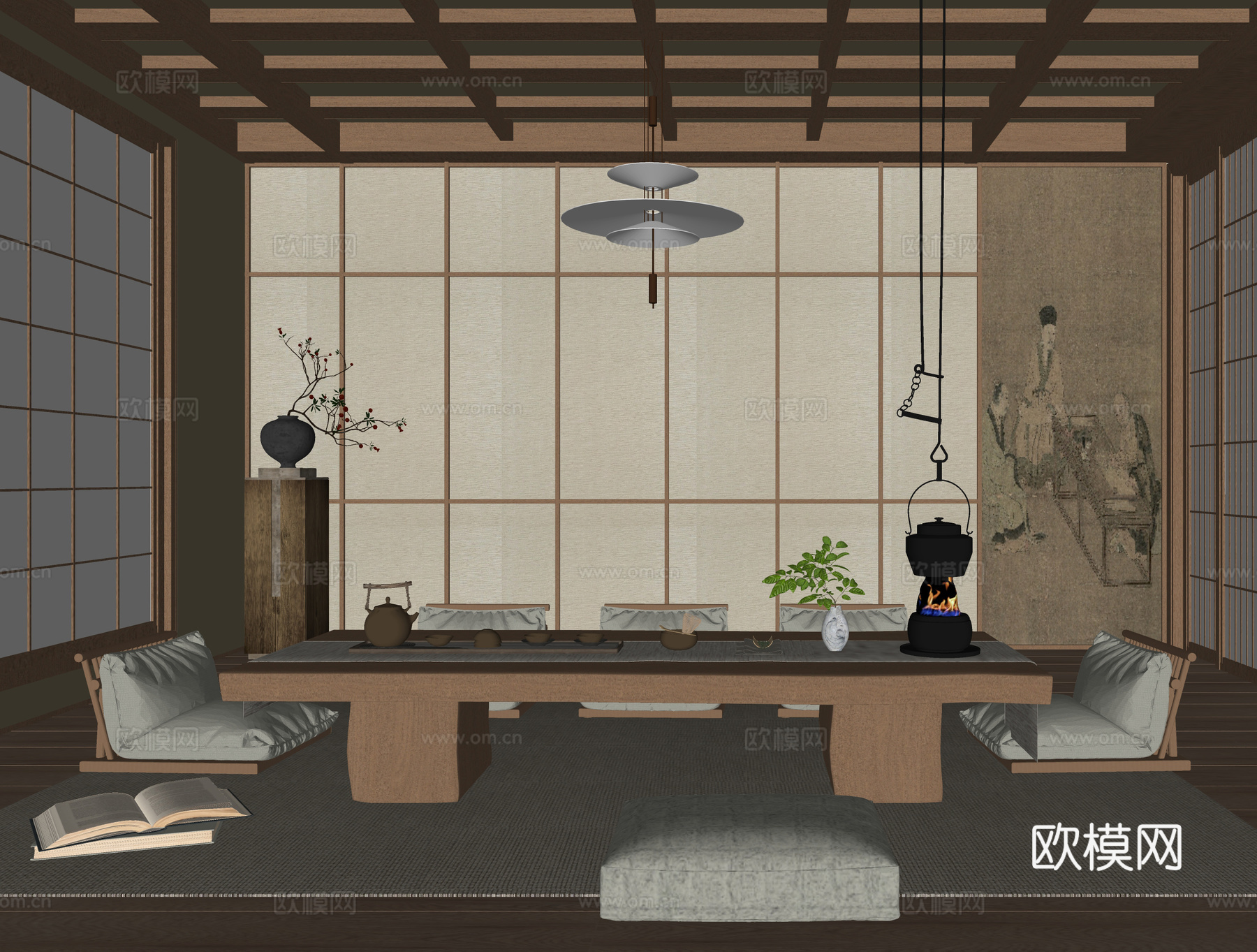 日式榻榻米茶室 榻榻米茶桌椅 茶具su模型