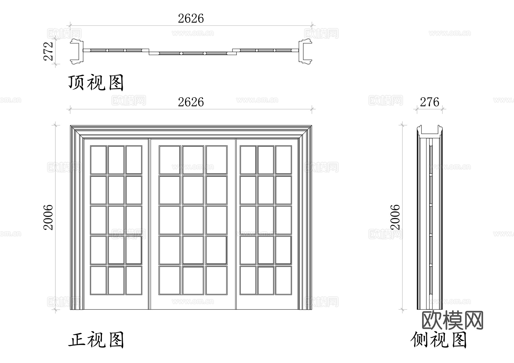 玻璃推拉门三视图 推拉门平面图 推拉门立面图 推拉门剖面图cad施工图
