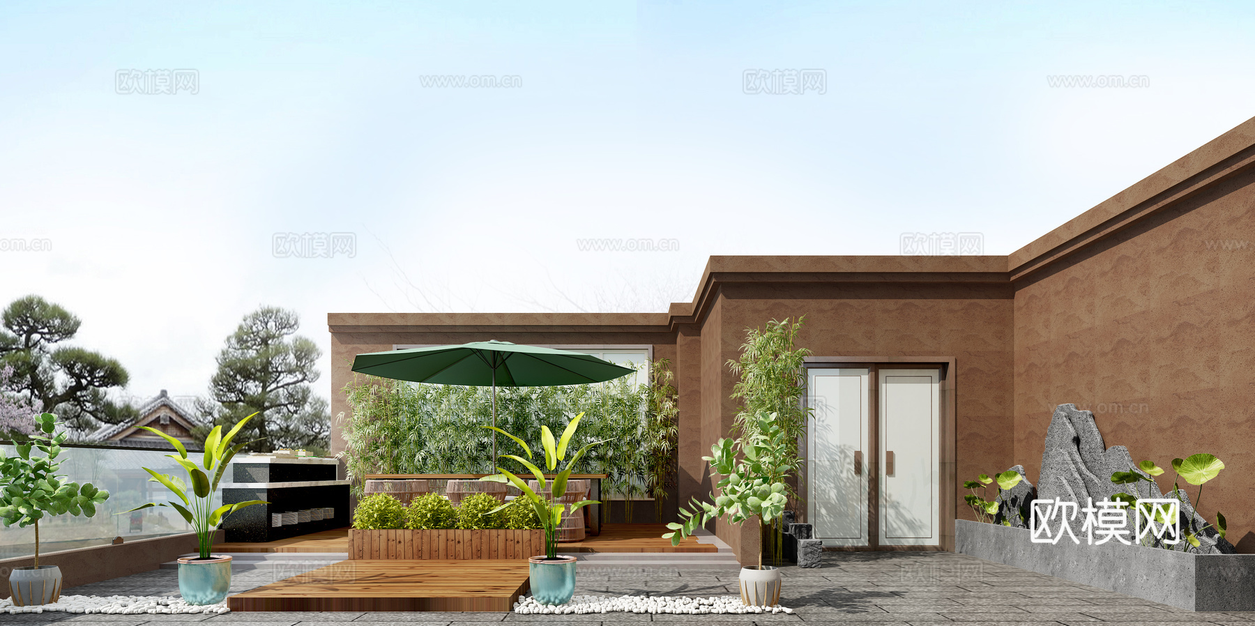 新中式露台 假山 植物景 观小品 石墩 遮阳伞3d模型