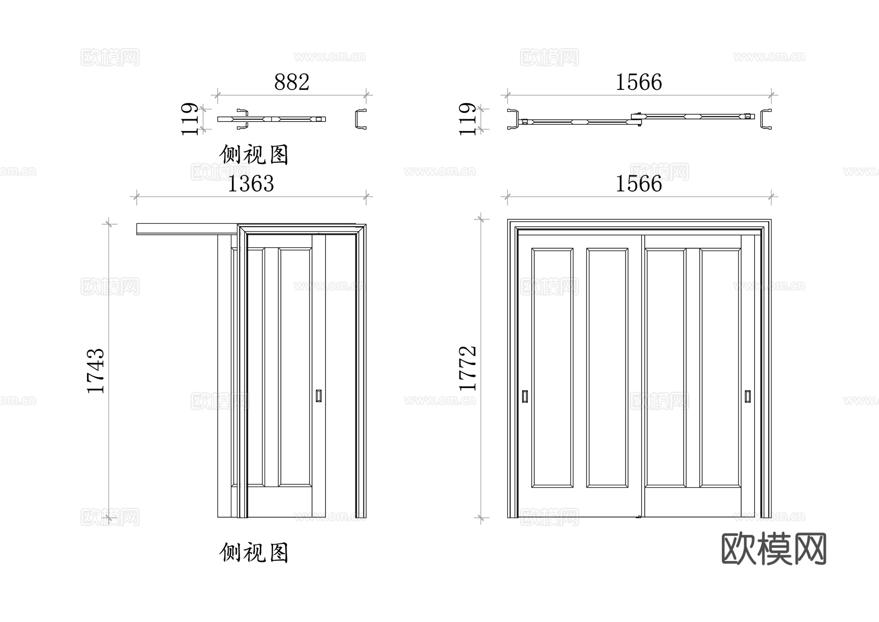 口袋推拉门 推拉门平面图 口袋门立面图 推拉门剖面图 隐藏式cad施工图