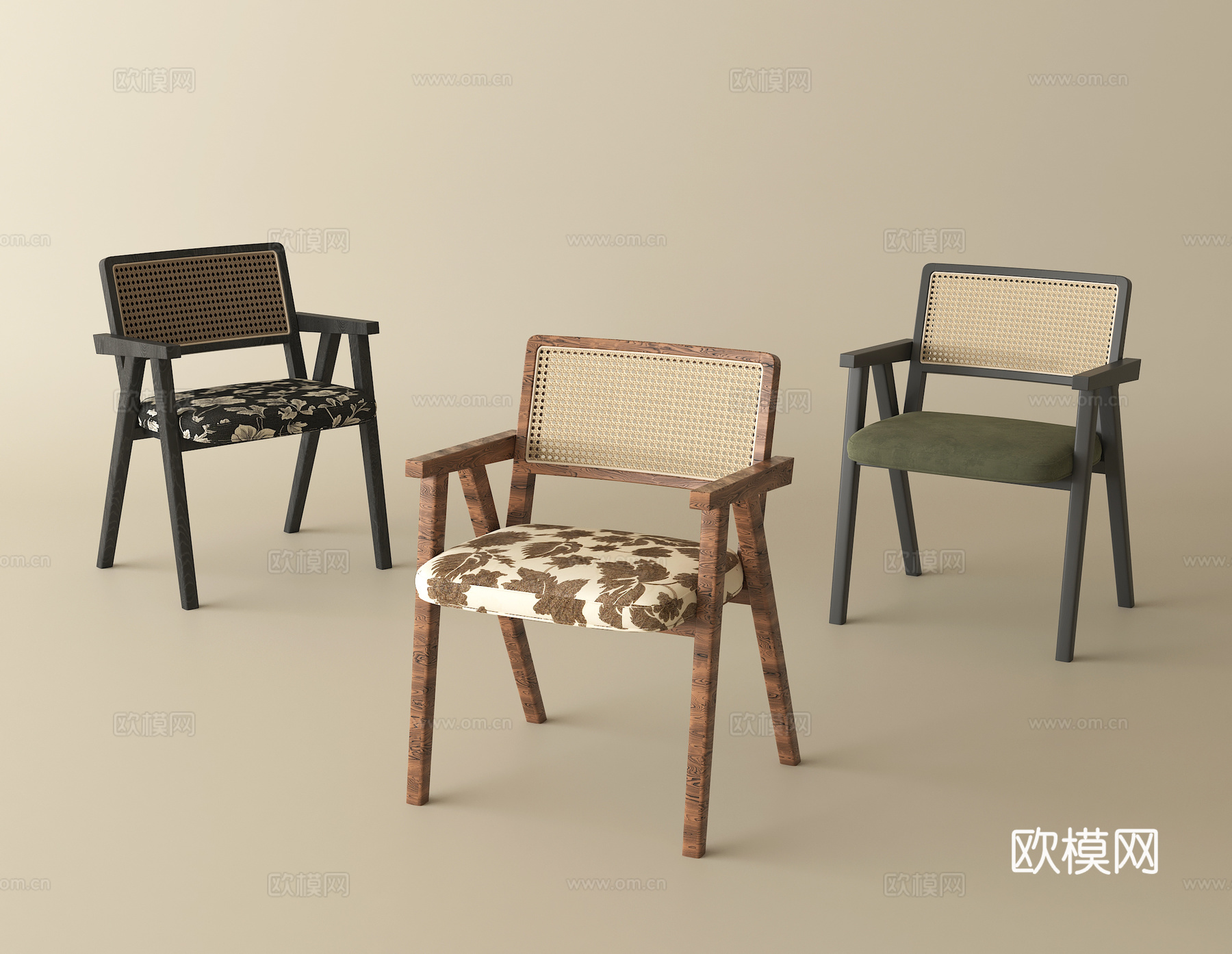 中古复古餐椅 单椅 木休闲椅 藤编休闲椅3d模型
