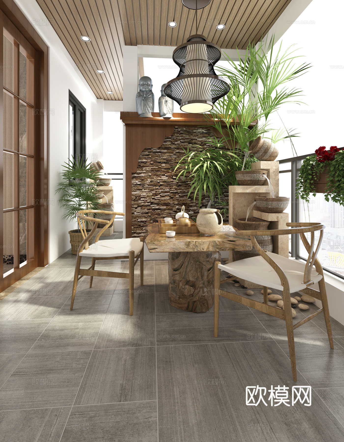 新中式阳台 别墅阳台3d模型