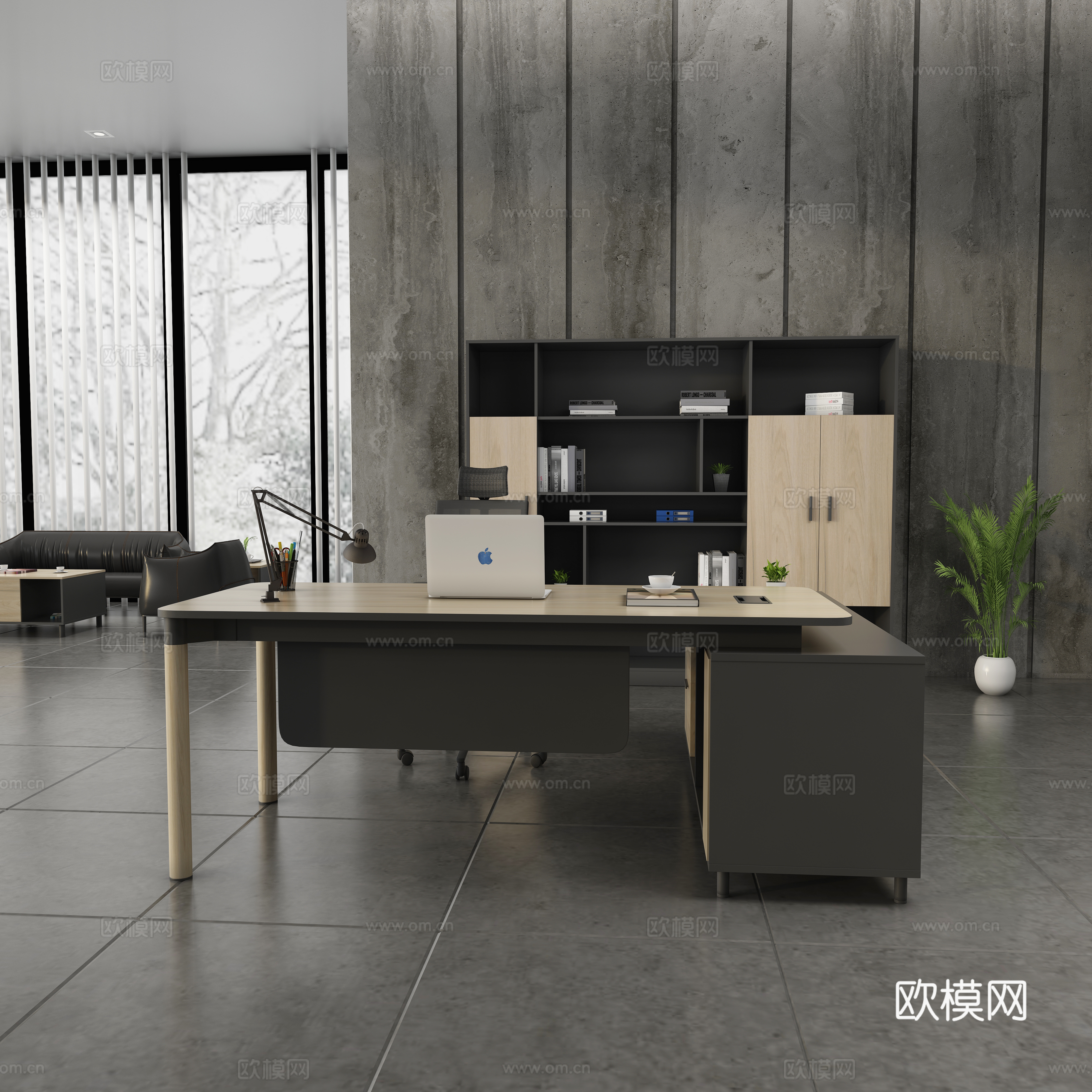 现代办公室 经理室 主管室 浅色木纹老板桌 办公椅子 文件柜3d模型
