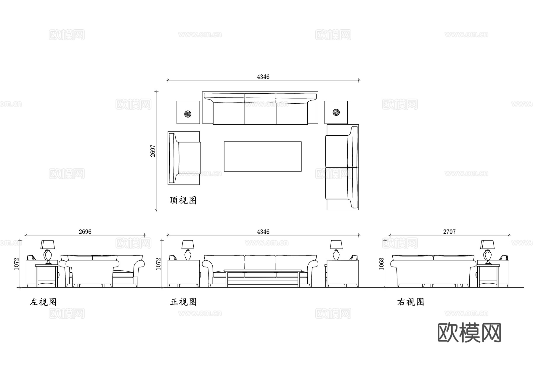 布艺沙发四视图 沙发平面图 沙发立面图 沙发侧视图 沙发俯视cad施工图