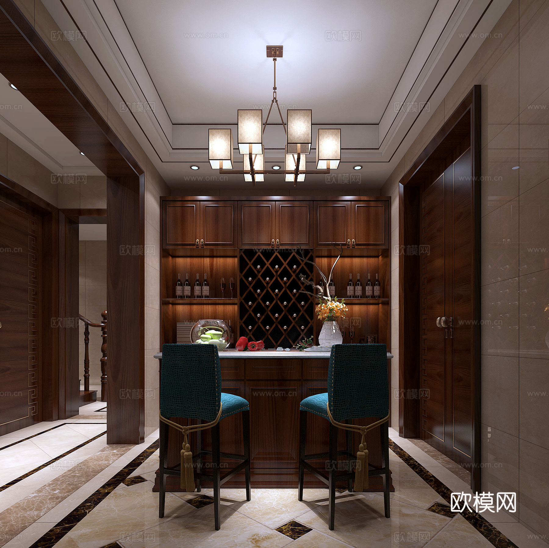 新中式吧台  吊灯  吧椅 酒柜3d模型