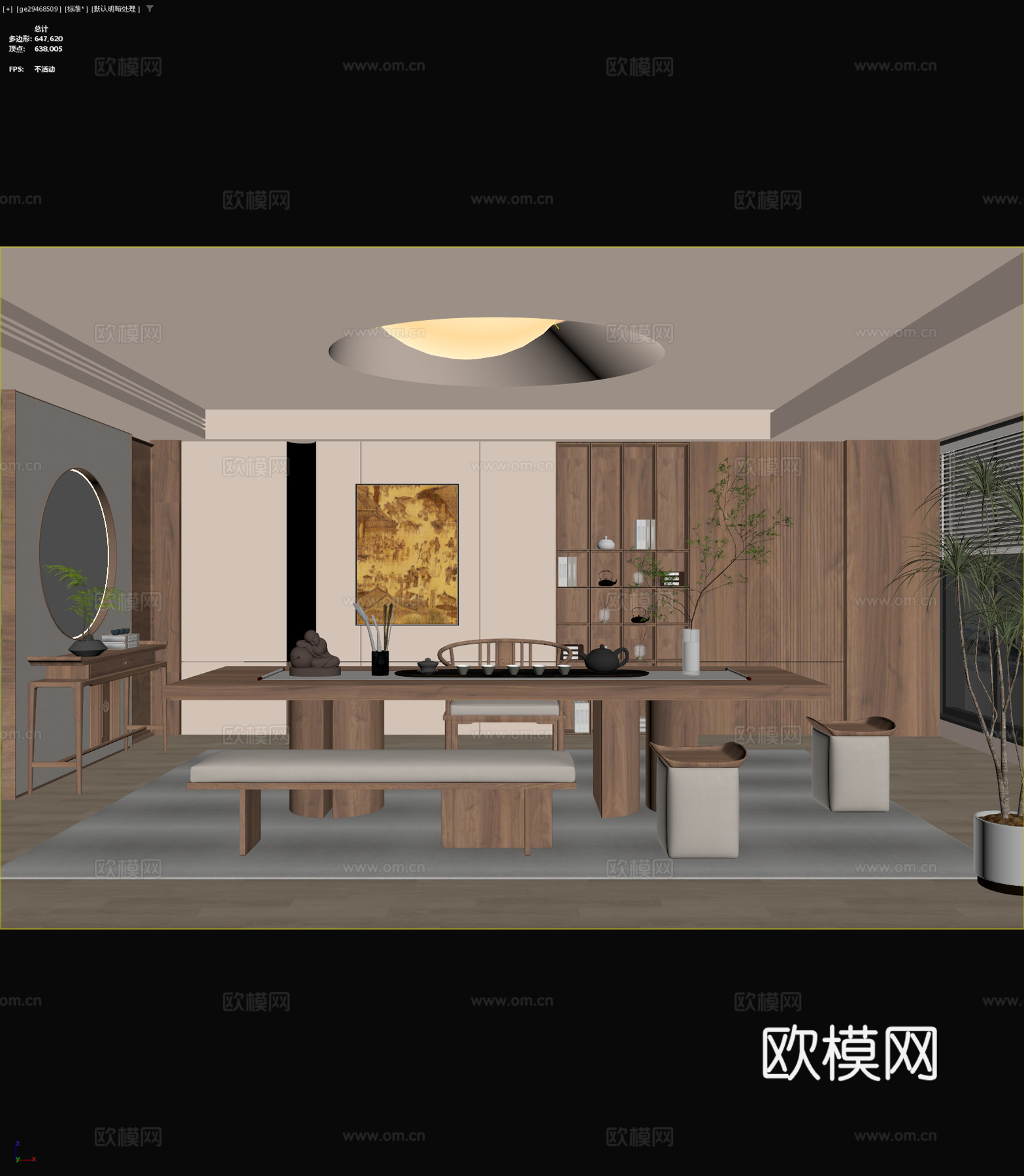 新中式书房茶室 宋氏书房茶室茶桌 宋氏茶桌椅茶具 茶室书房背3d模型